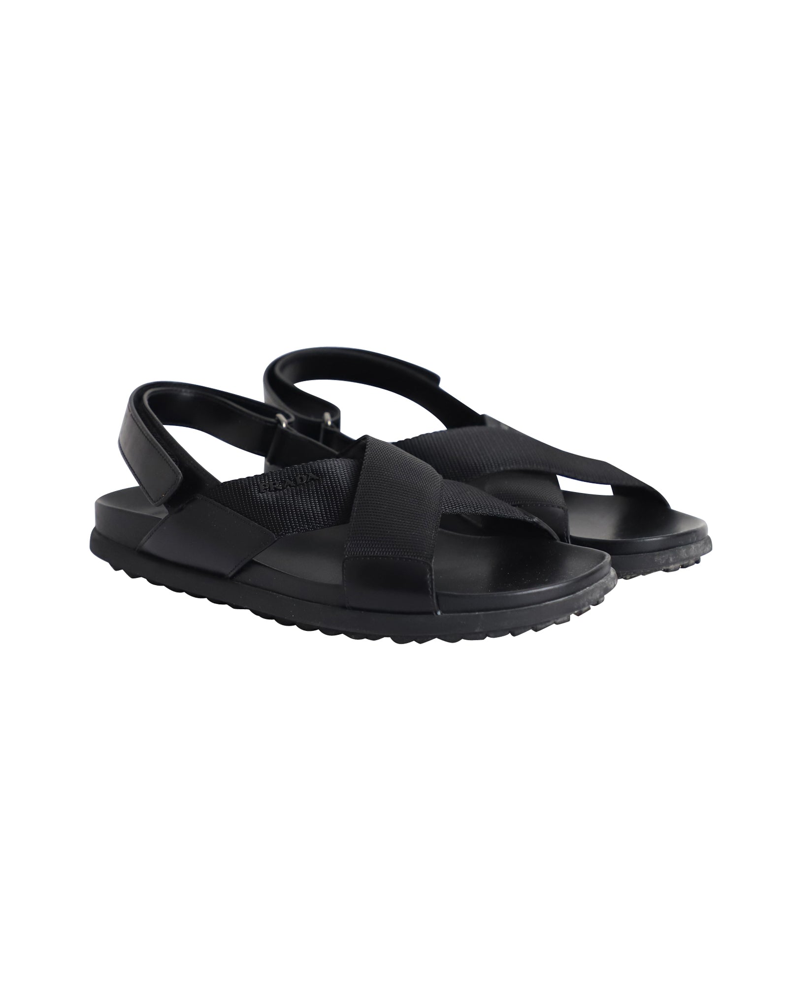 Prada Logo Strap Crisscross Sandals in Black Leather