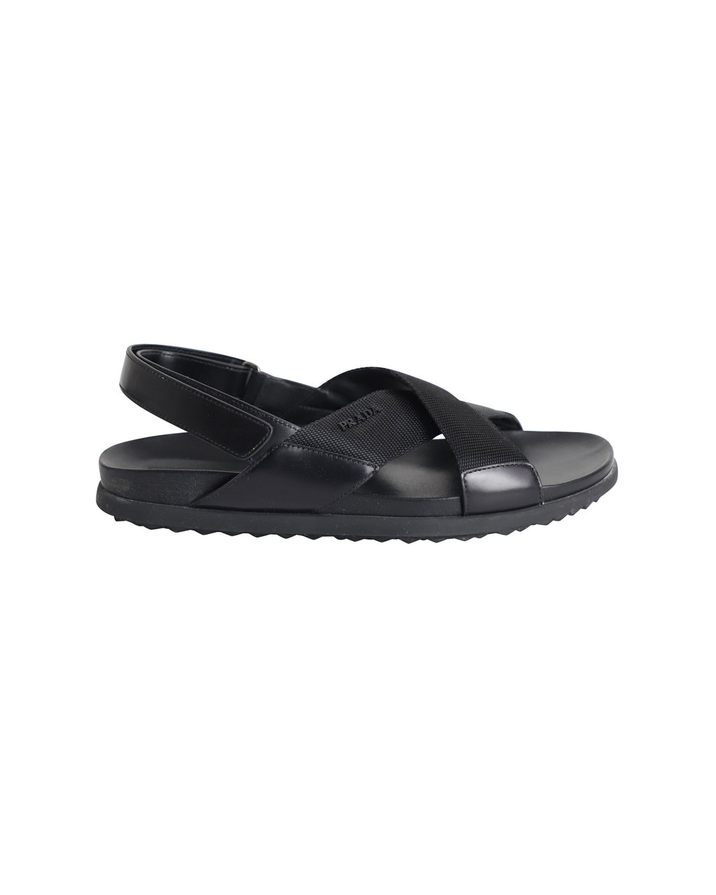 Prada Logo Strap Crisscross Sandals in Black Leather