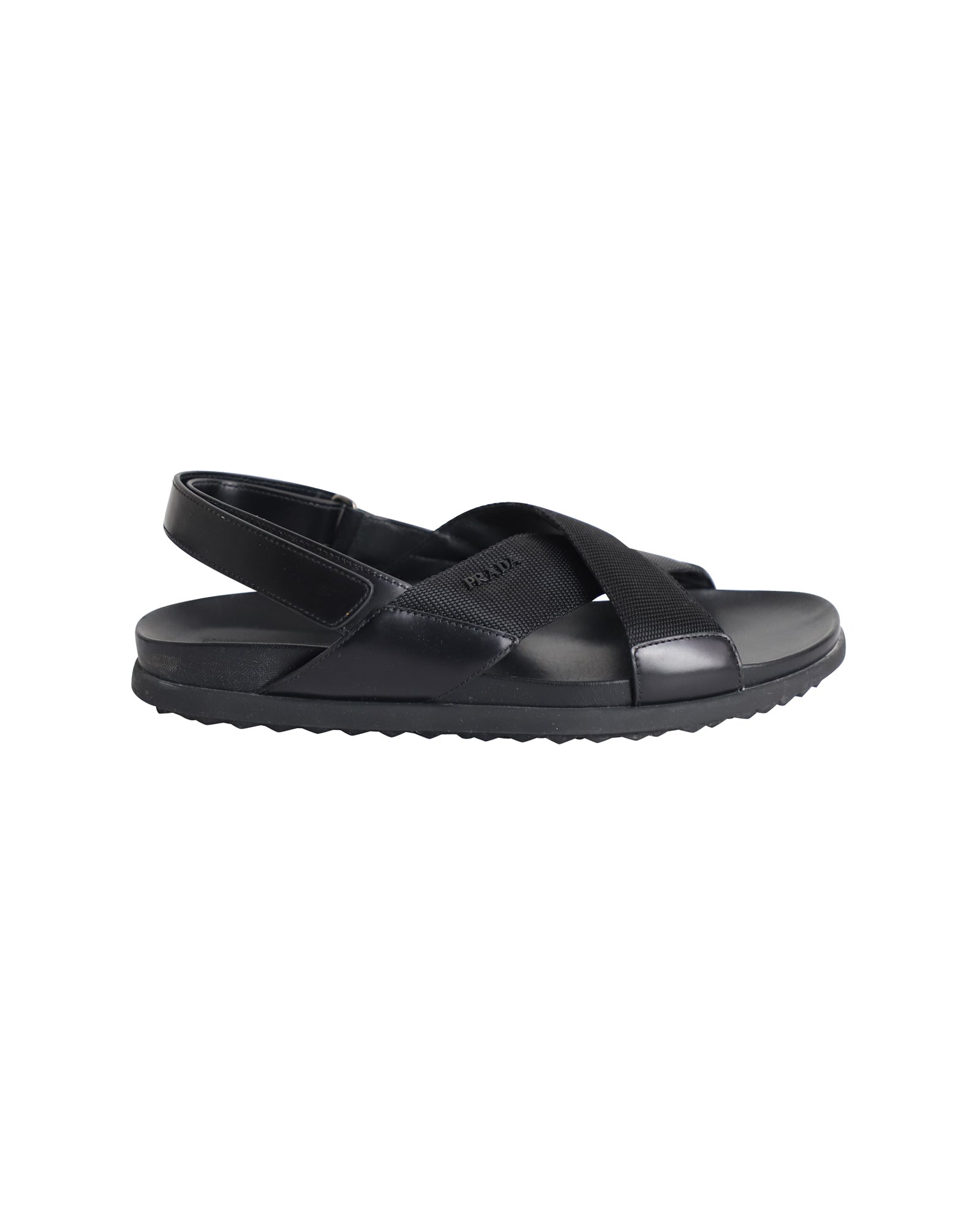 Prada Logo Strap Crisscross Sandals in Black Leather