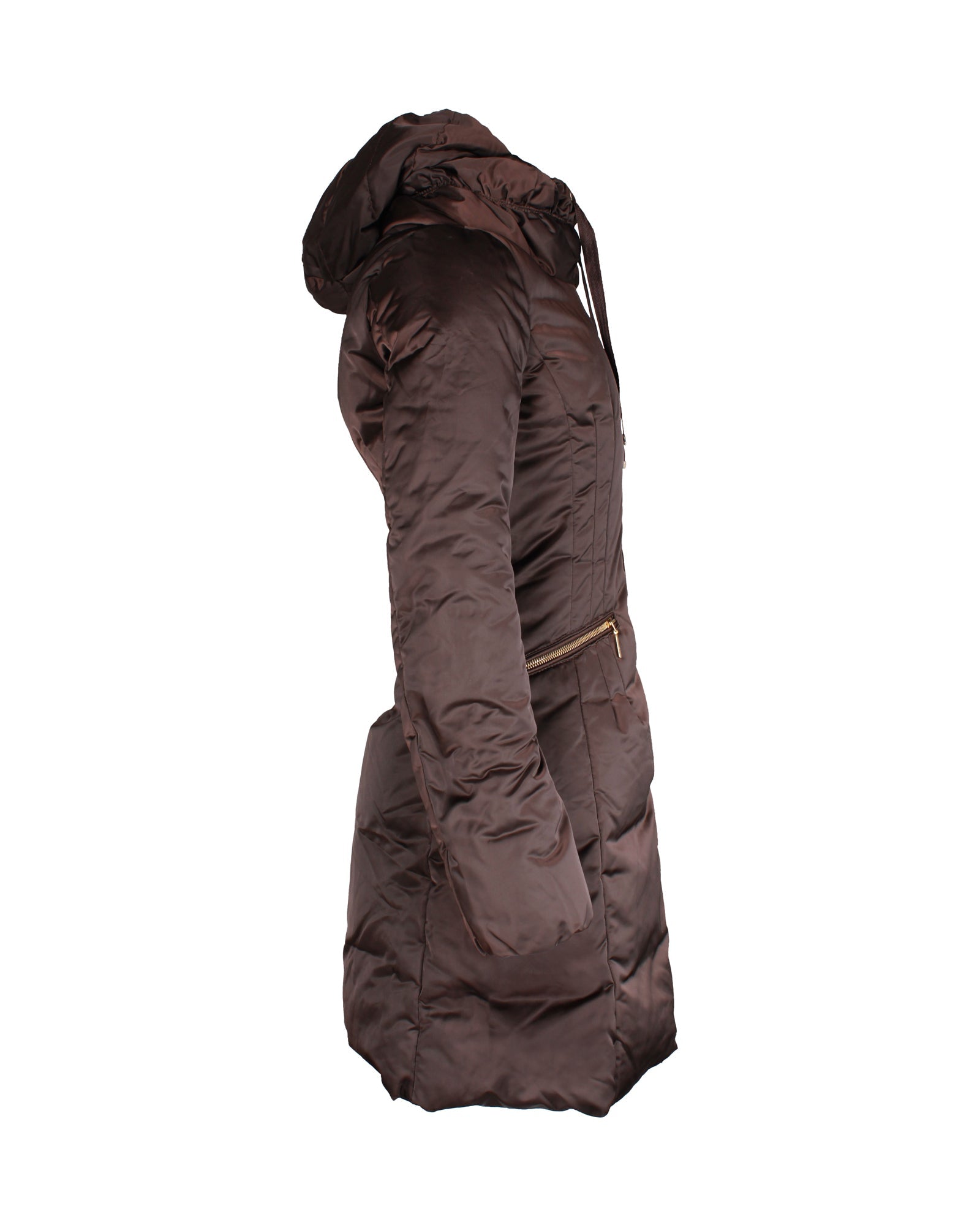 Moncler Puffed Long Coat in Brown Polyester