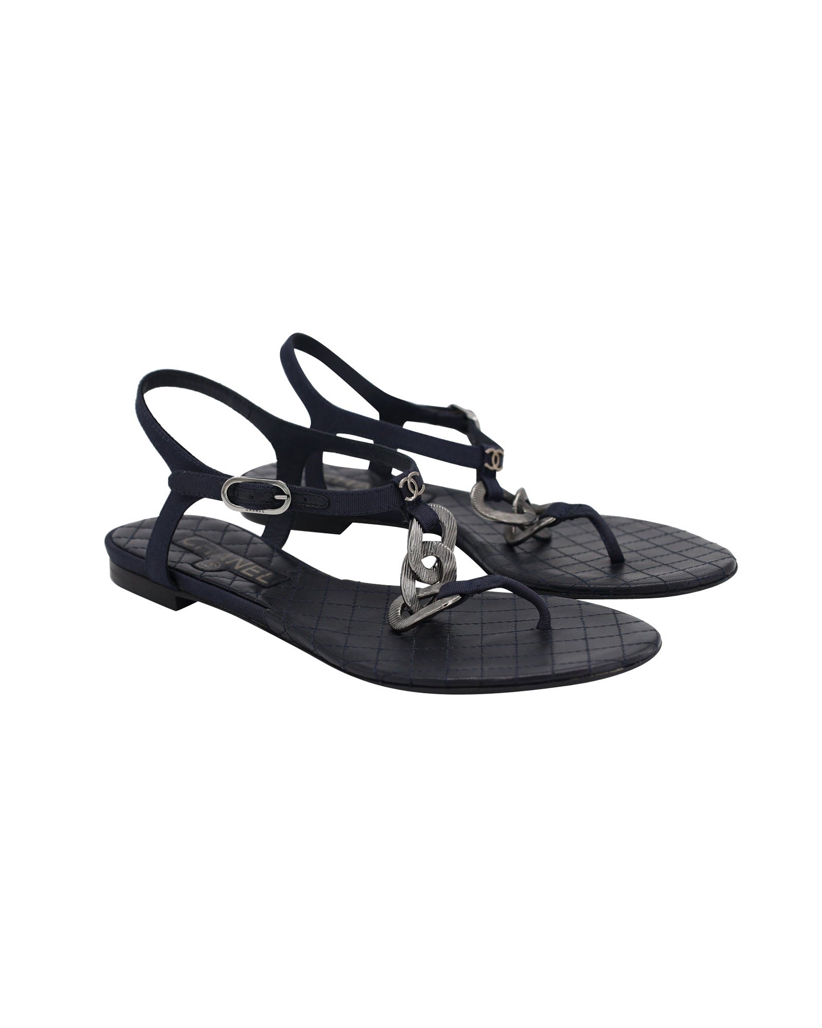 Chanel Chain Flat Ankle Strap Sandals in Navy Blue Leather