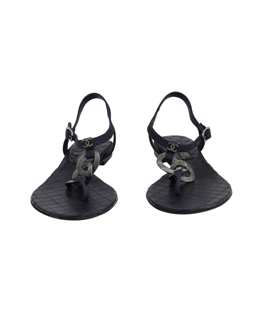Chanel Chain Flat Ankle Strap Sandals in Navy Blue Leather