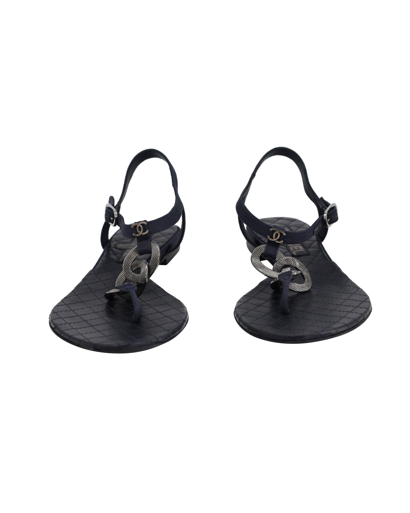 Chanel Chain Flat Ankle Strap Sandals in Navy Blue Leather