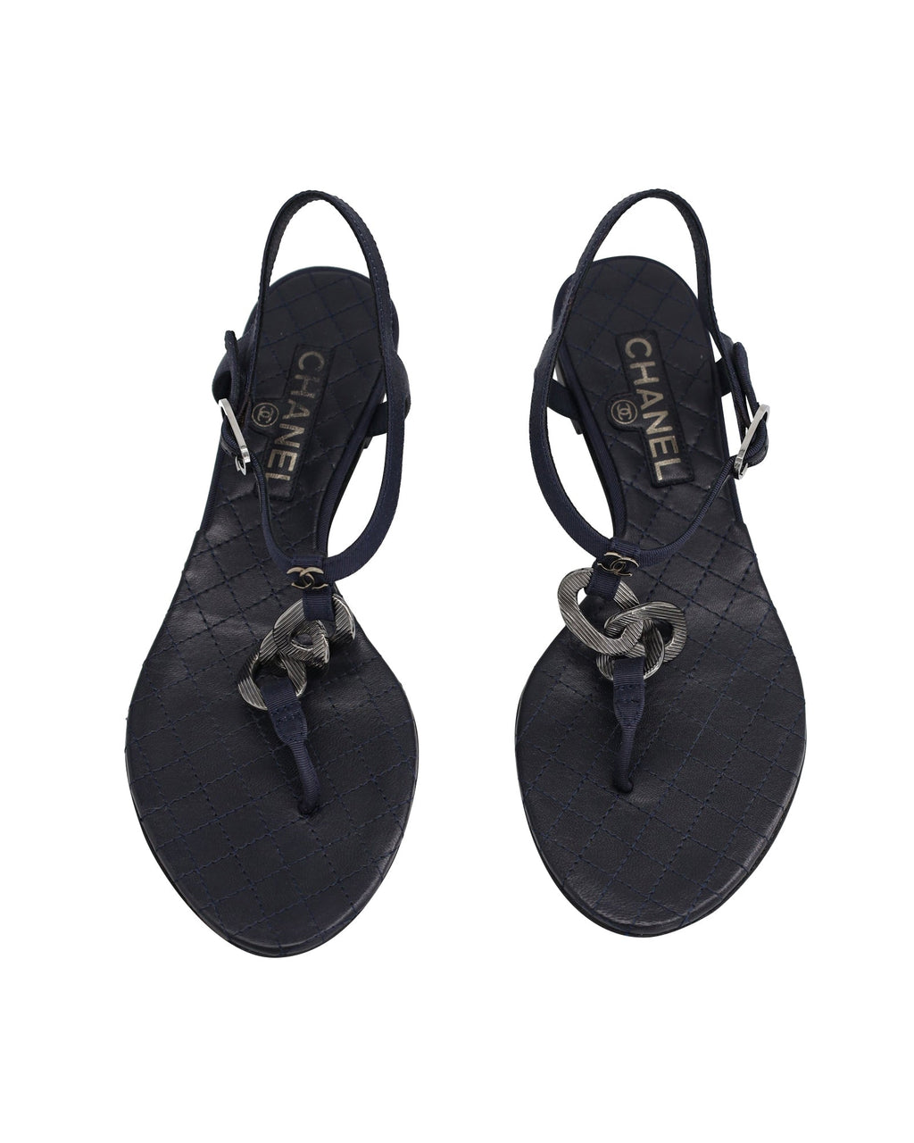Chanel Chain Flat Ankle Strap Sandals in Navy Blue Leather