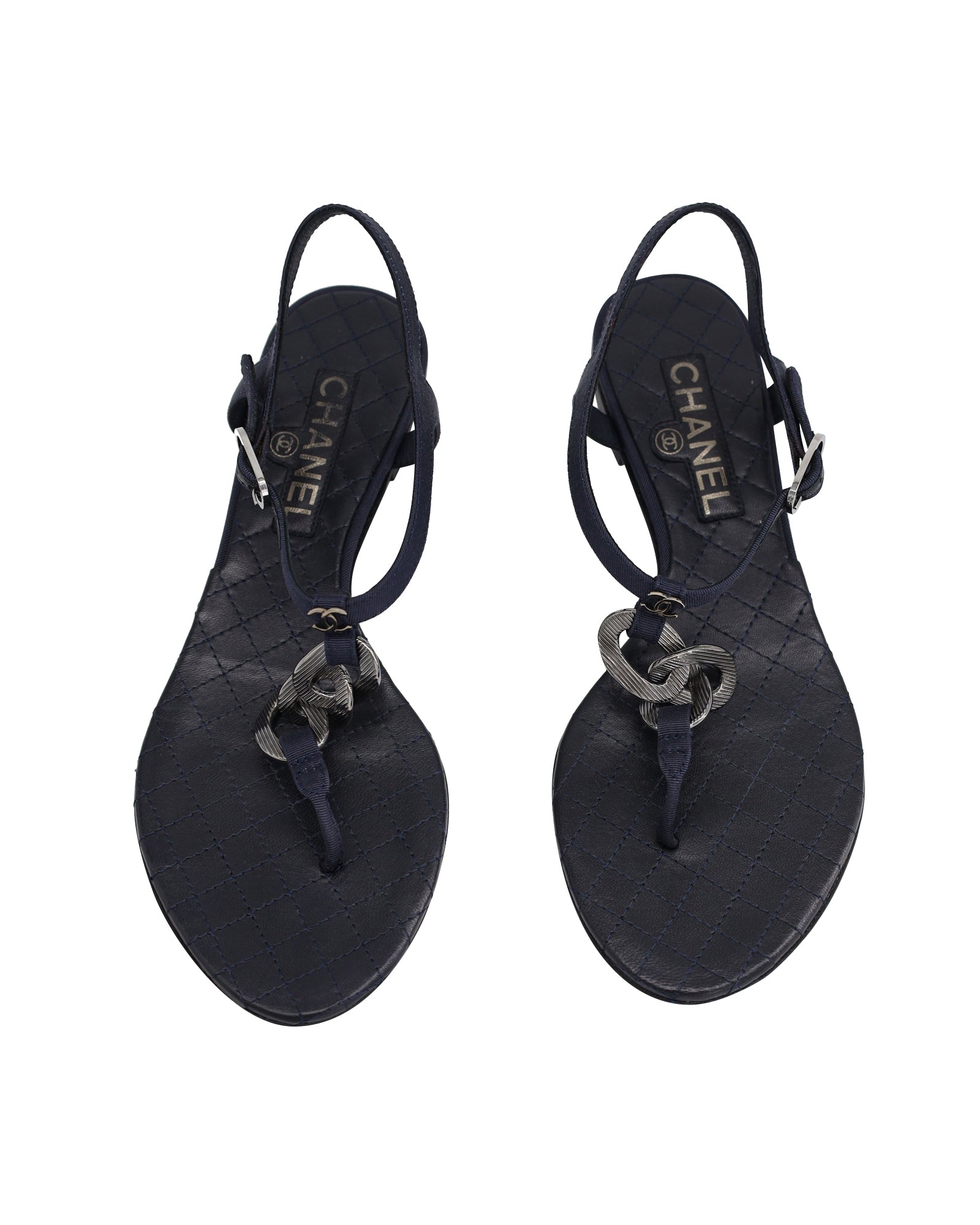 Chanel Chain Flat Ankle Strap Sandals in Navy Blue Leather