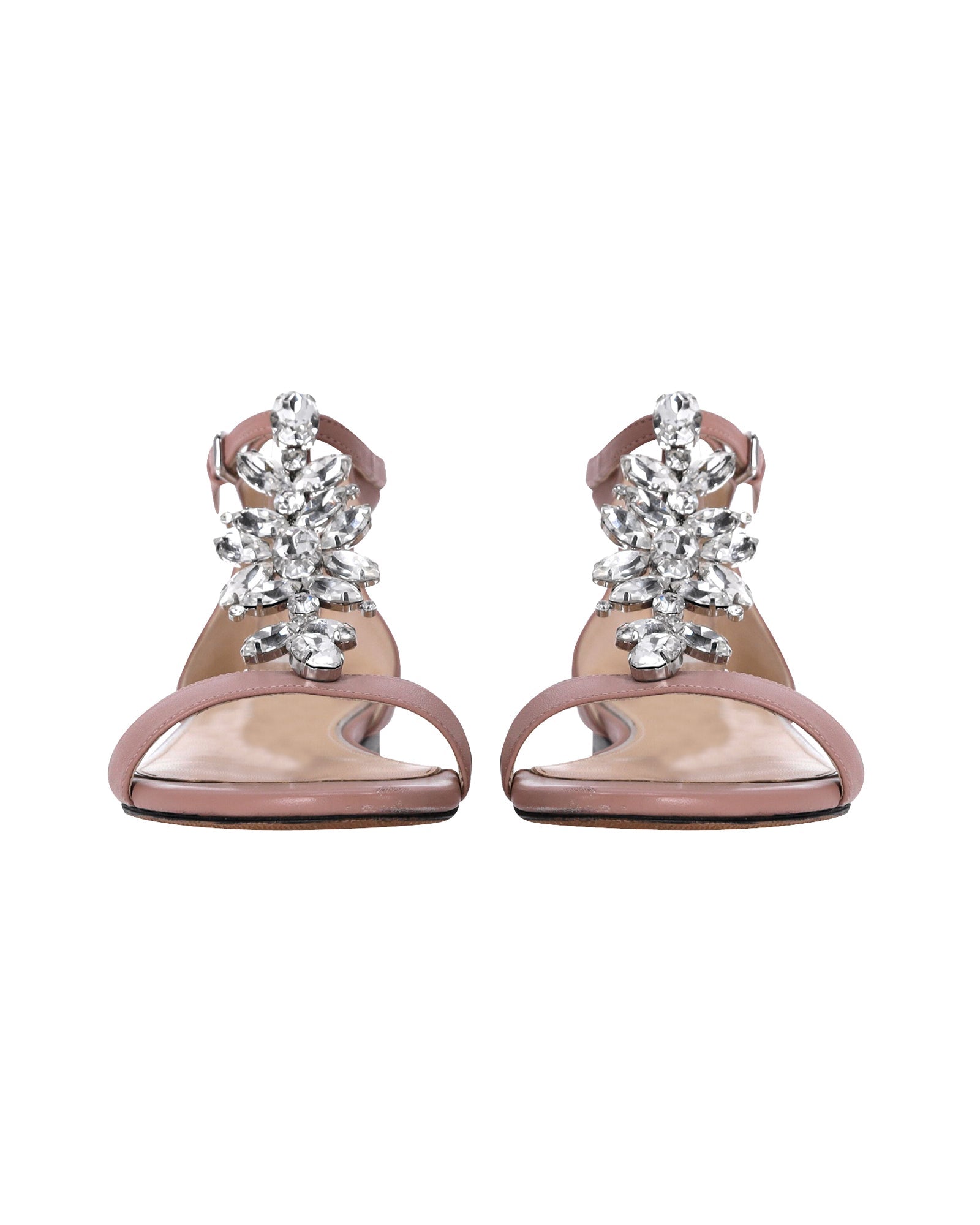 Women's Jimmy Choo Crystal Embellished T-strap Flat Sandals in Pink Leather