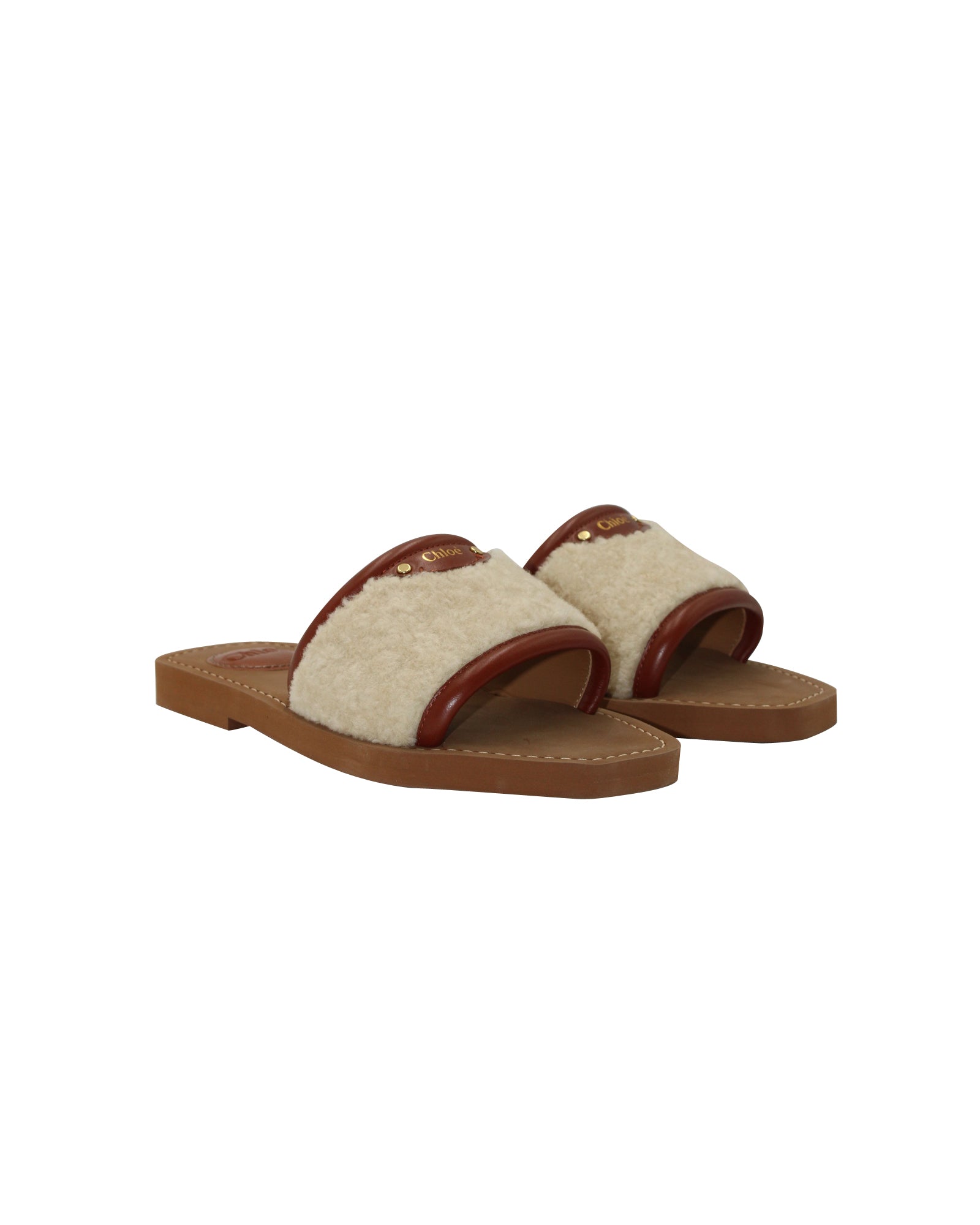 Chloe Woody Flat Mule in Brown Leather and Cream Shearling