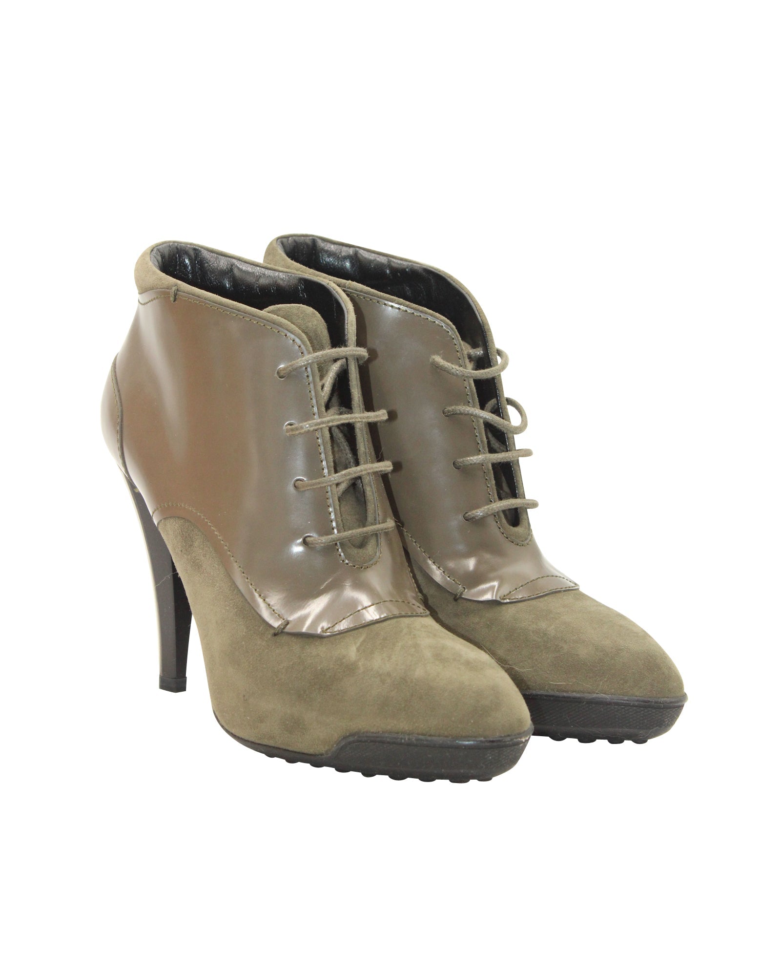 Women's Tod's Lace-Up High Heel Boots in Olive Suede and Leather