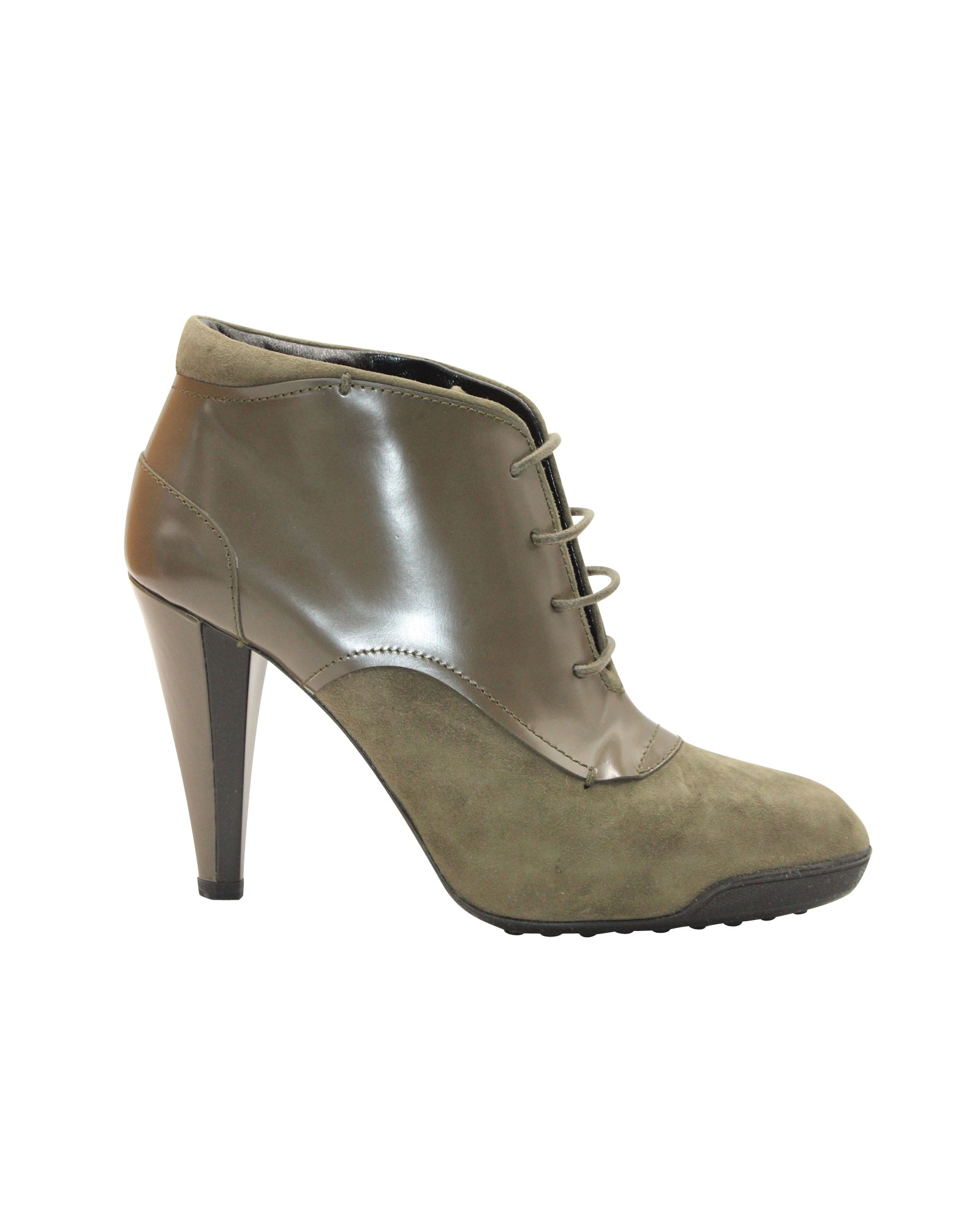 Women's Tod's Lace-Up High Heel Boots in Olive Suede and Leather