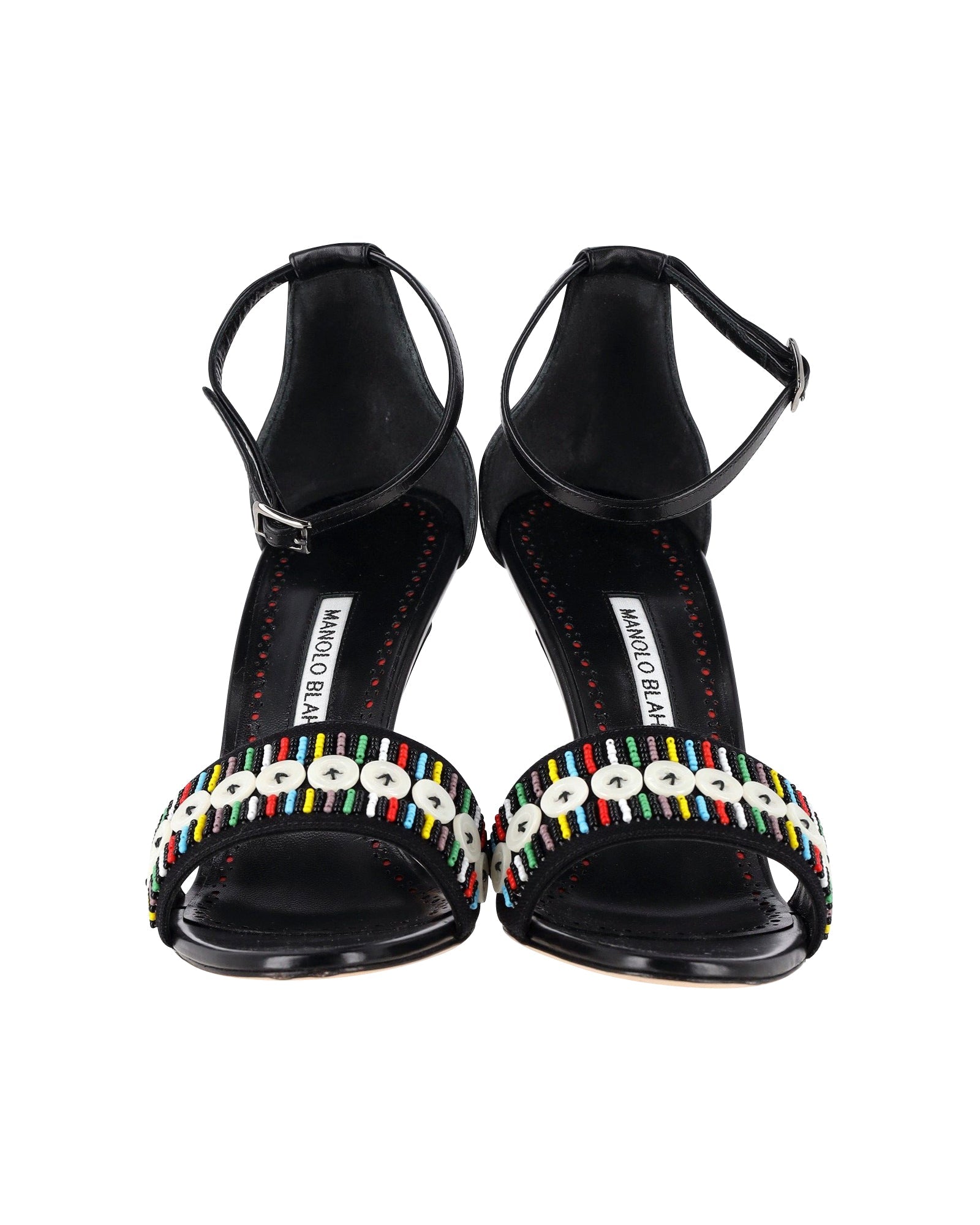 Women's Manolo Blahnik Beaded Open-Toe Sandals in Black Leather