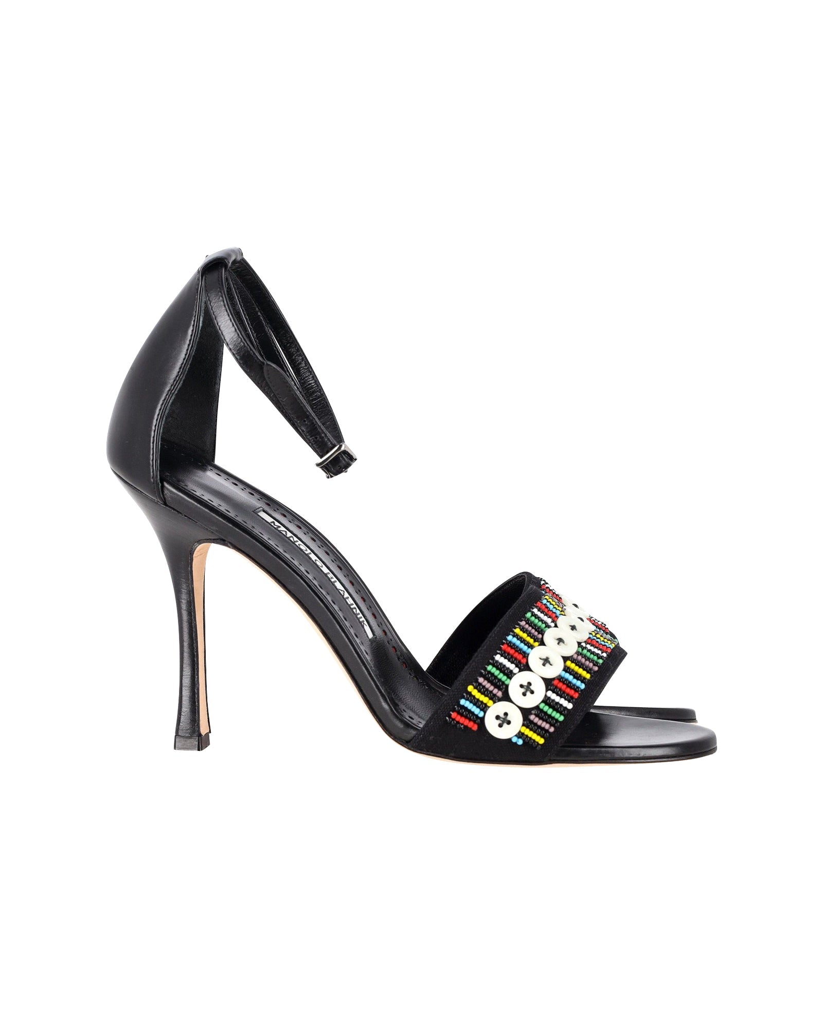 Women's Manolo Blahnik Beaded Open-Toe Sandals in Black Leather