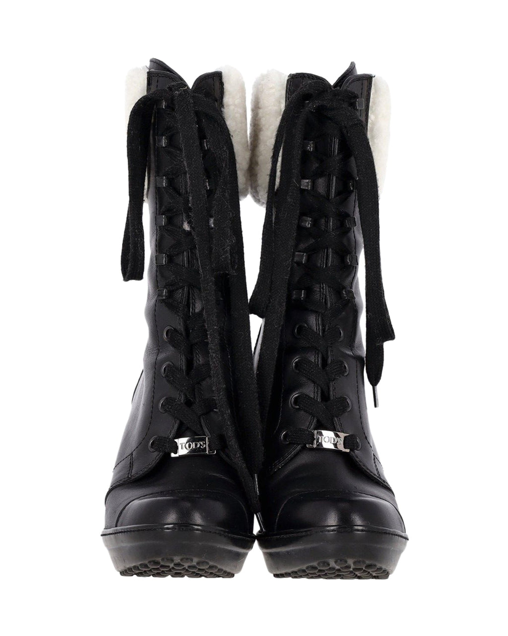 Women's Tod's Shearling Lace-Up Heeled Boots in Black Leather