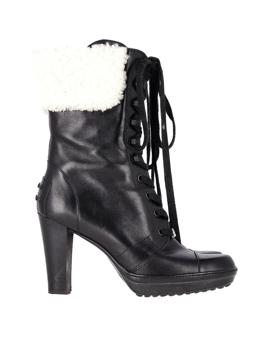 Women's Tod's Shearling Lace-Up Heeled Boots in Black Leather