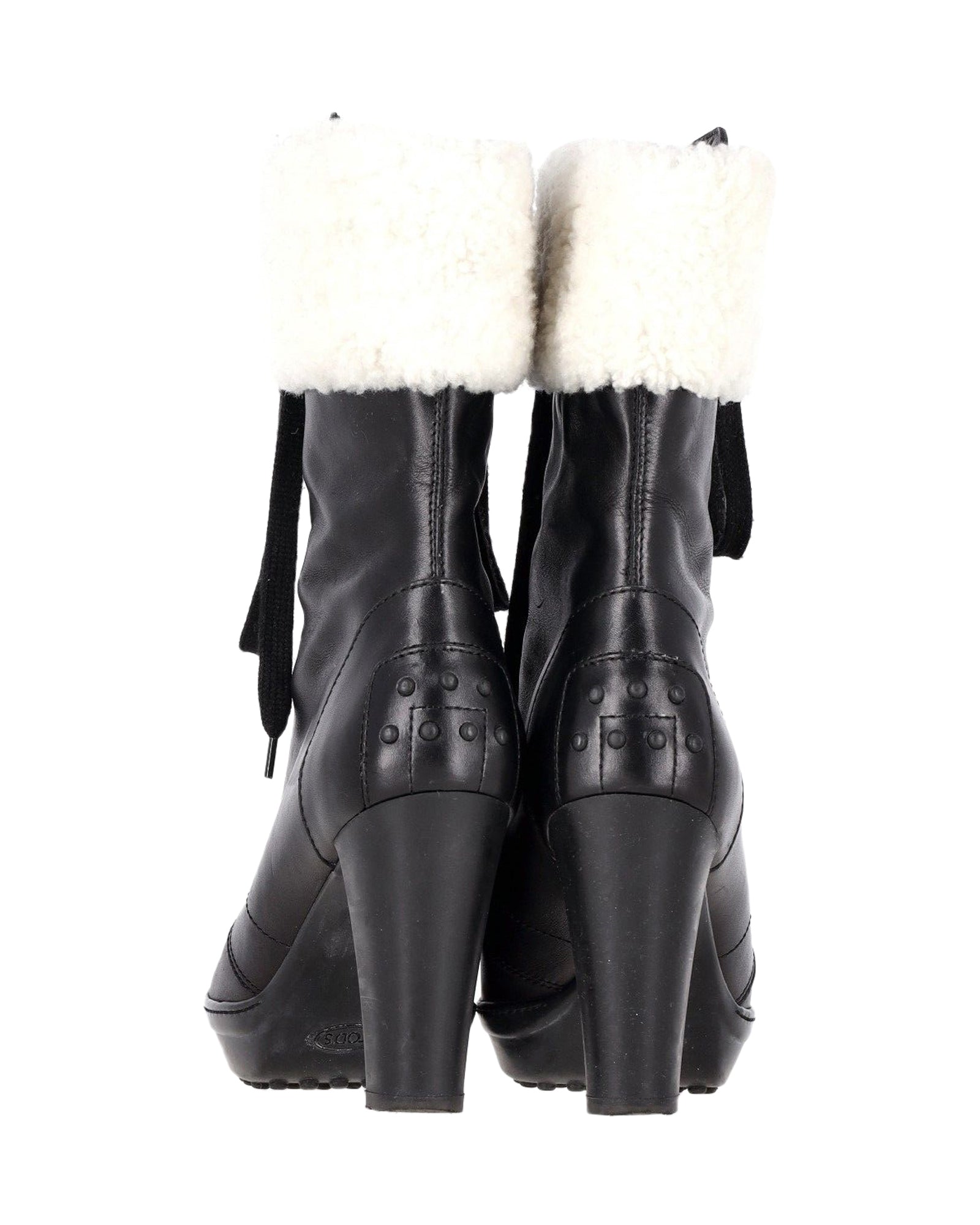 Women's Tod's Shearling Lace-Up Heeled Boots in Black Leather