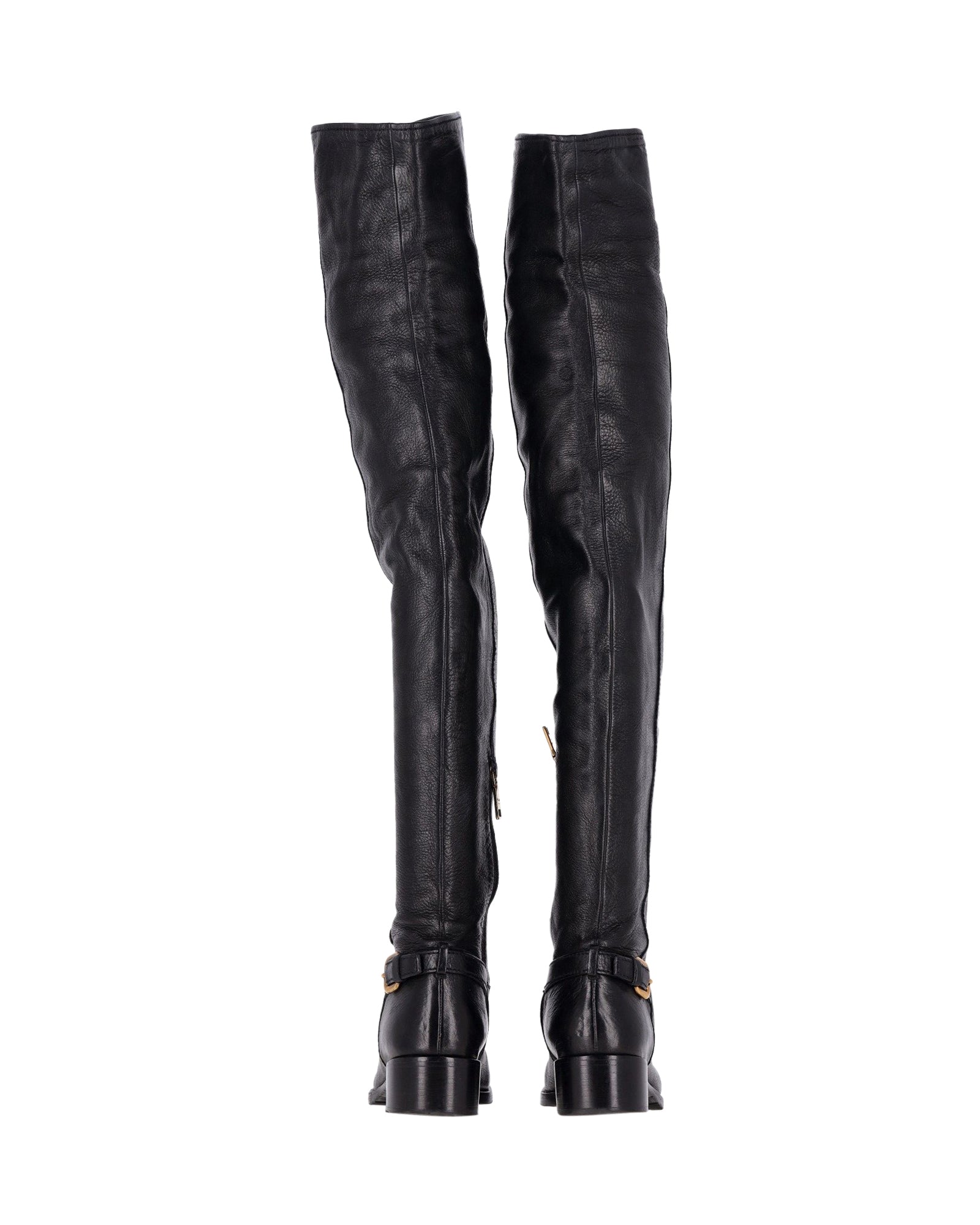 Prada Over-The-Knee Buckled Boots in Black Leather