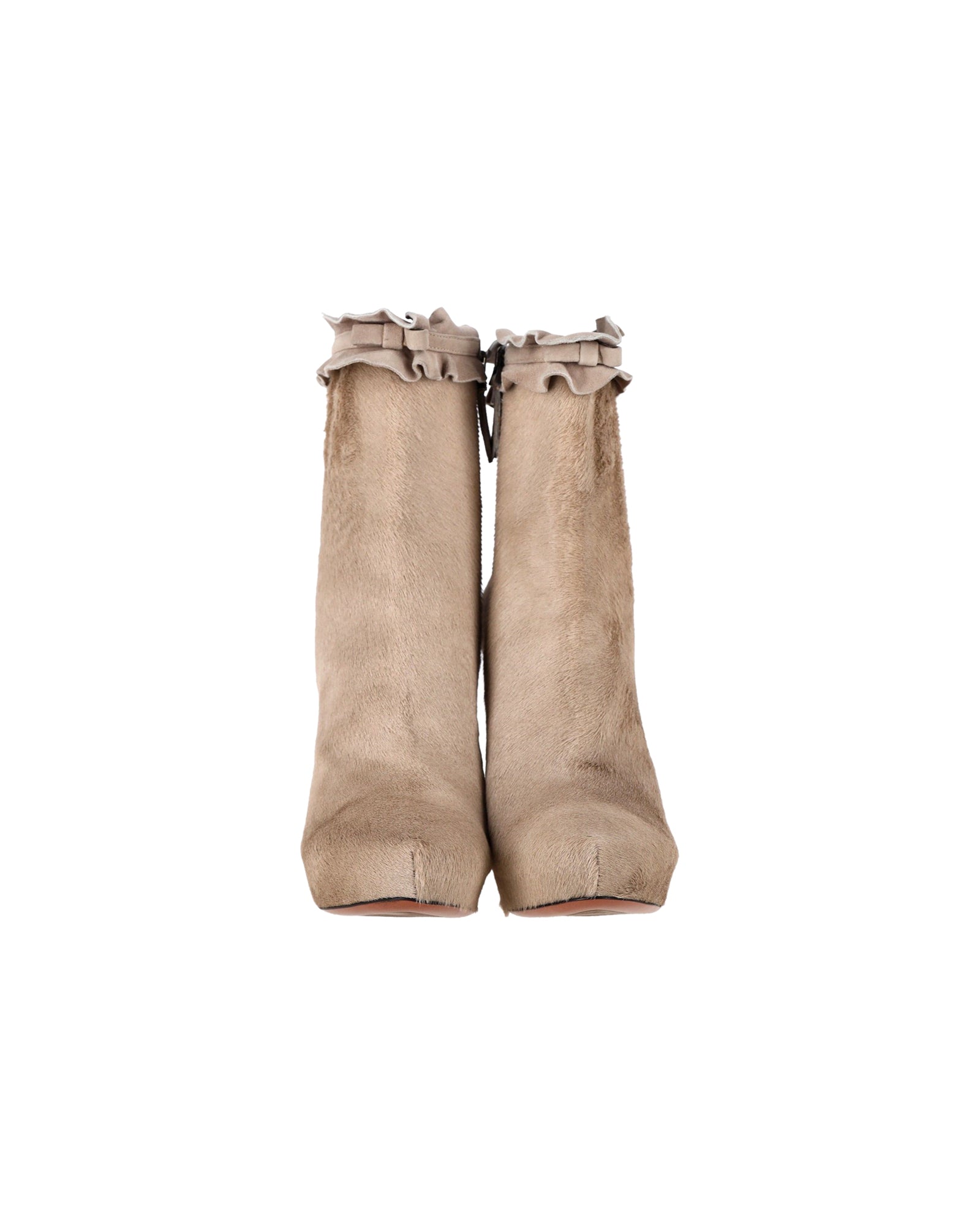 Alaïa Ruffle Trimmed with Bow Ankle Boots in Nude Ponyhair