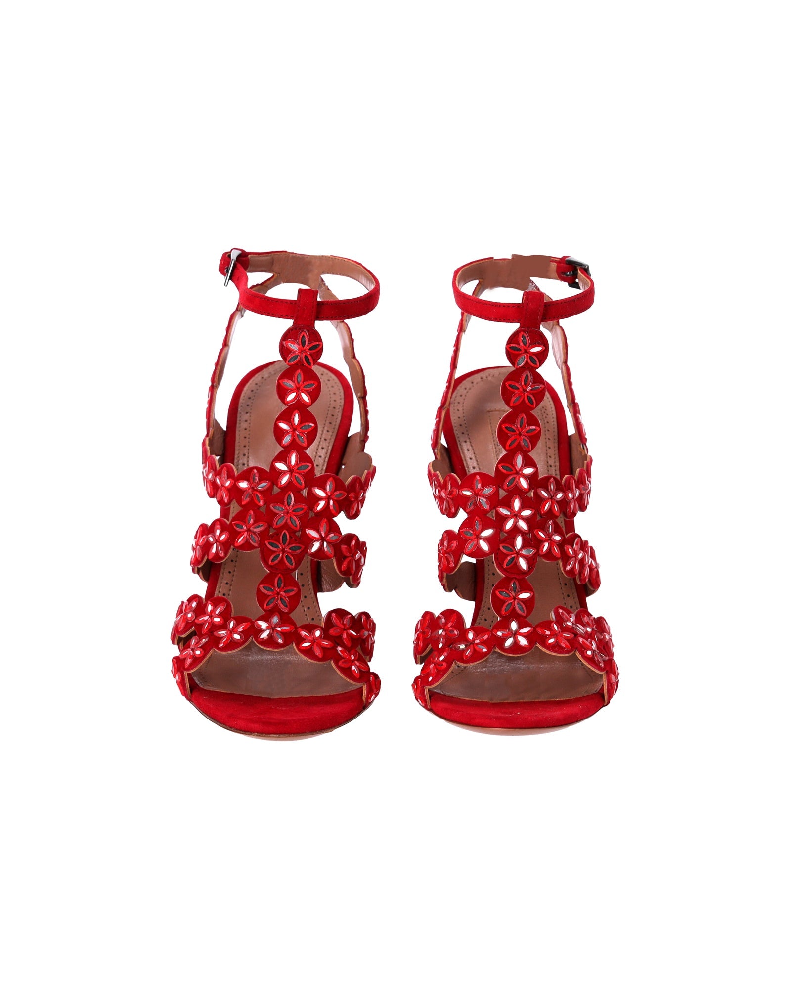Women's Alaïa Mirror-Embellished Sandals in Red Suede