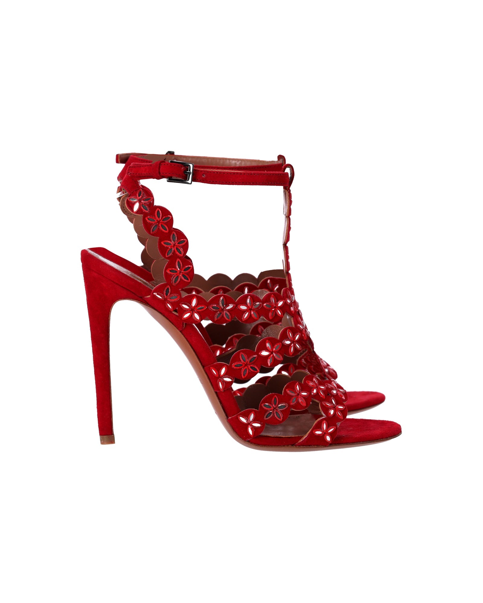 Women's Alaïa Mirror-Embellished Sandals in Red Suede