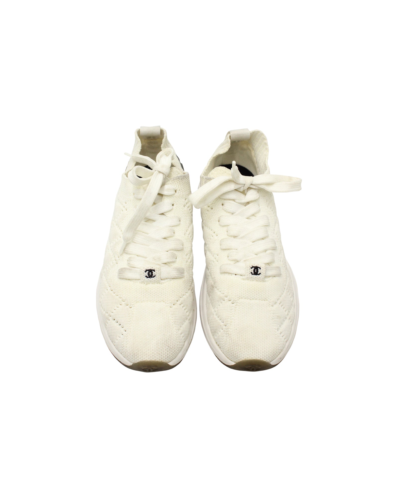Women's Chanel Quilted Low-Top Sneakers in White Wool