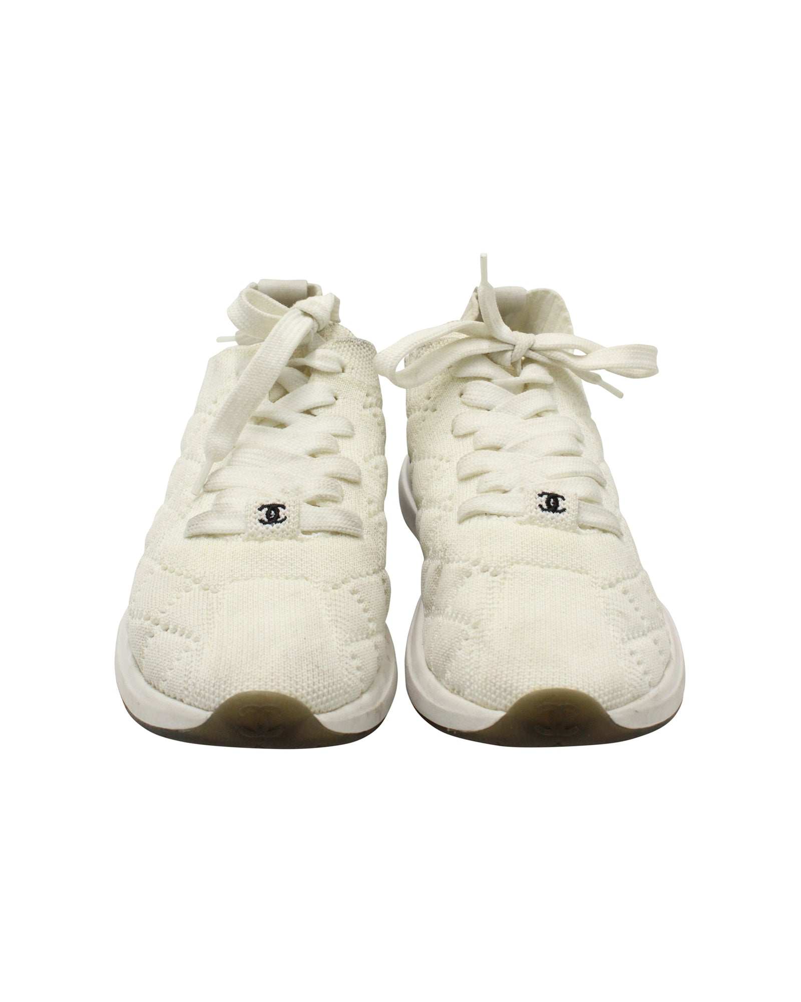 Women's Chanel Quilted Low-Top Sneakers in White Wool