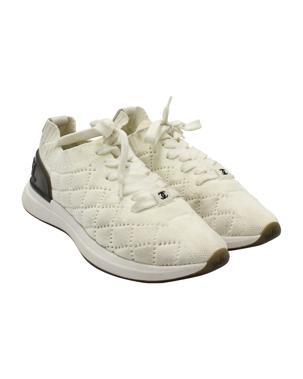 Women's Chanel Quilted Low-Top Sneakers in White Wool