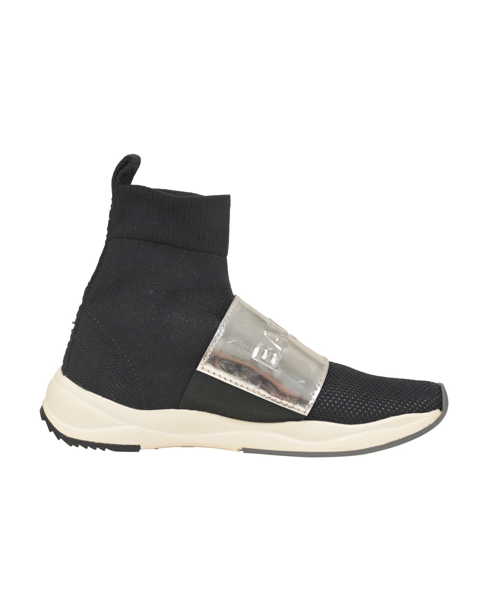 Women's Balmain Cameron Embossed Logo High Top Sneakers in Black Stretch Knit And Mesh