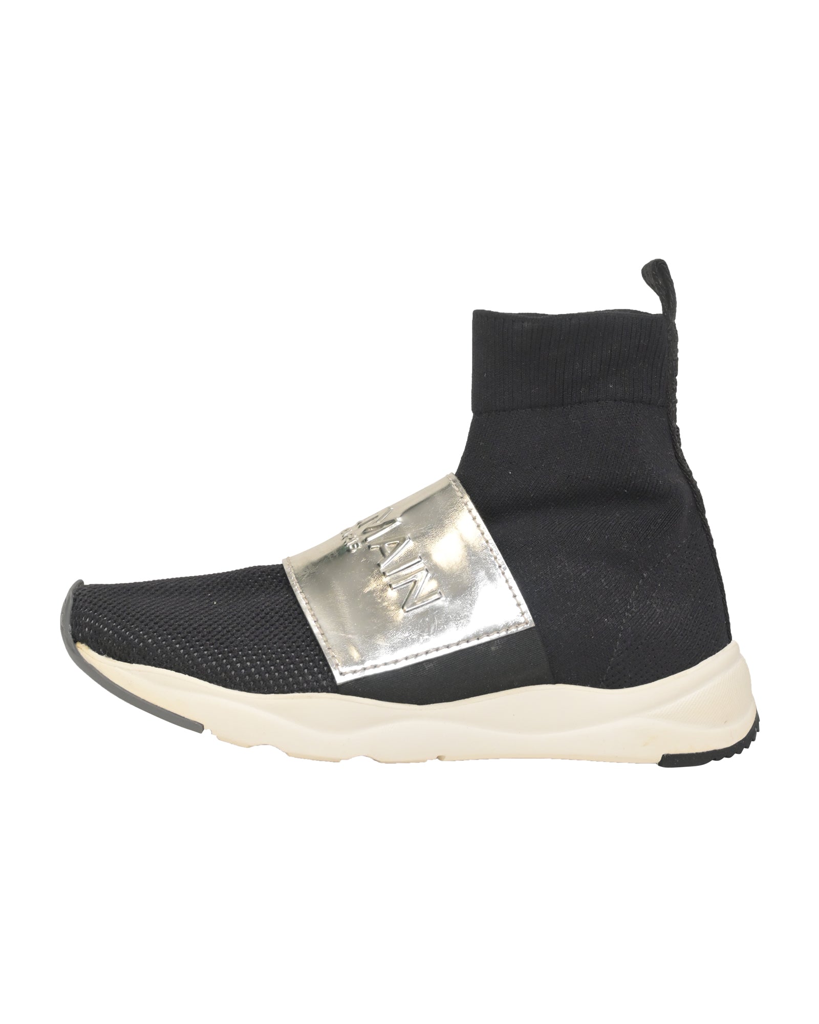 Women's Balmain Cameron Embossed Logo High Top Sneakers in Black Stretch Knit And Mesh