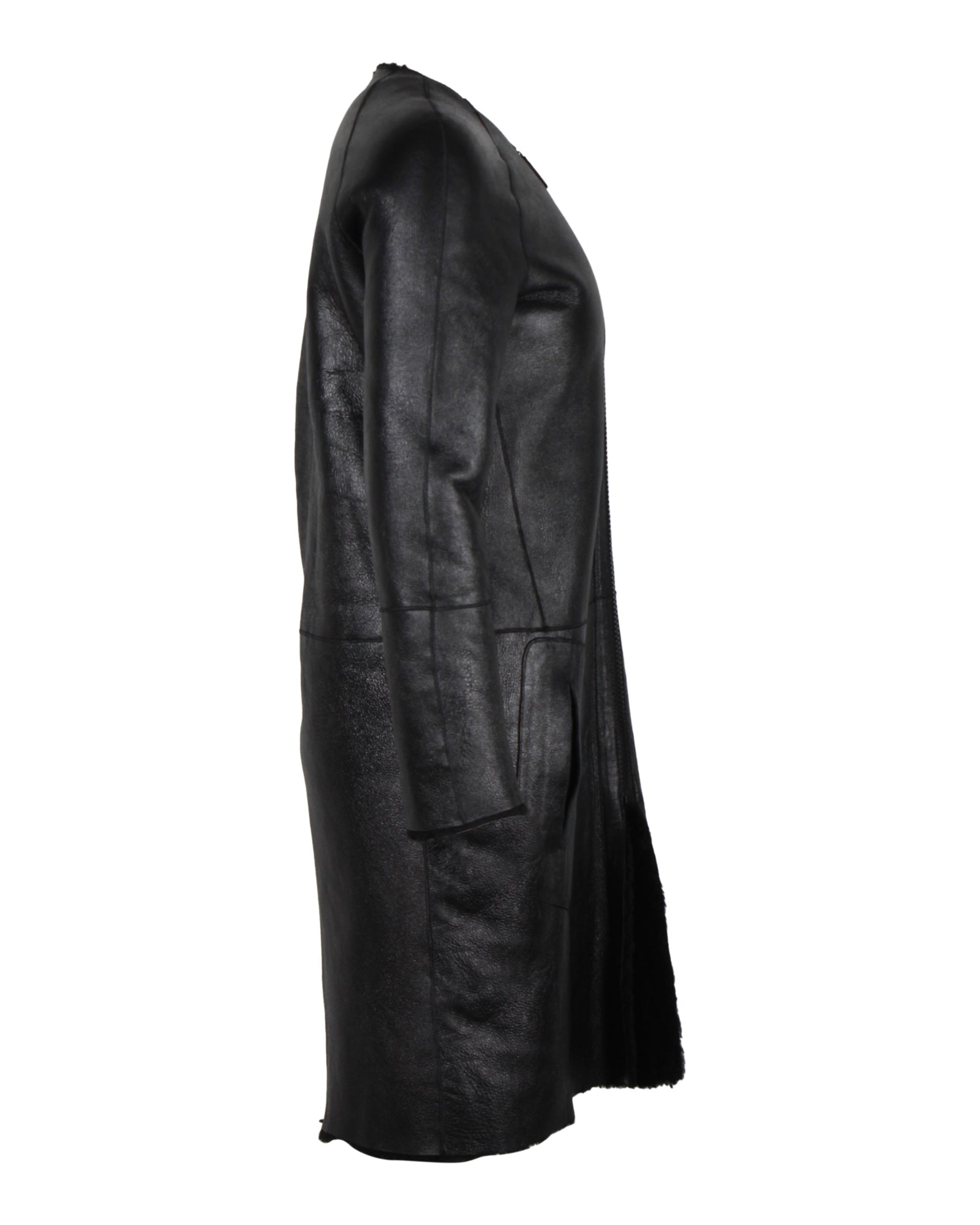 Celine Collarless Coat in Black Lambskin Leather