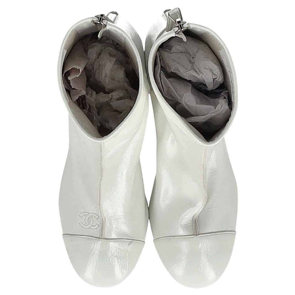 Chanel CC Low Heel Ankle Boots in White Leather