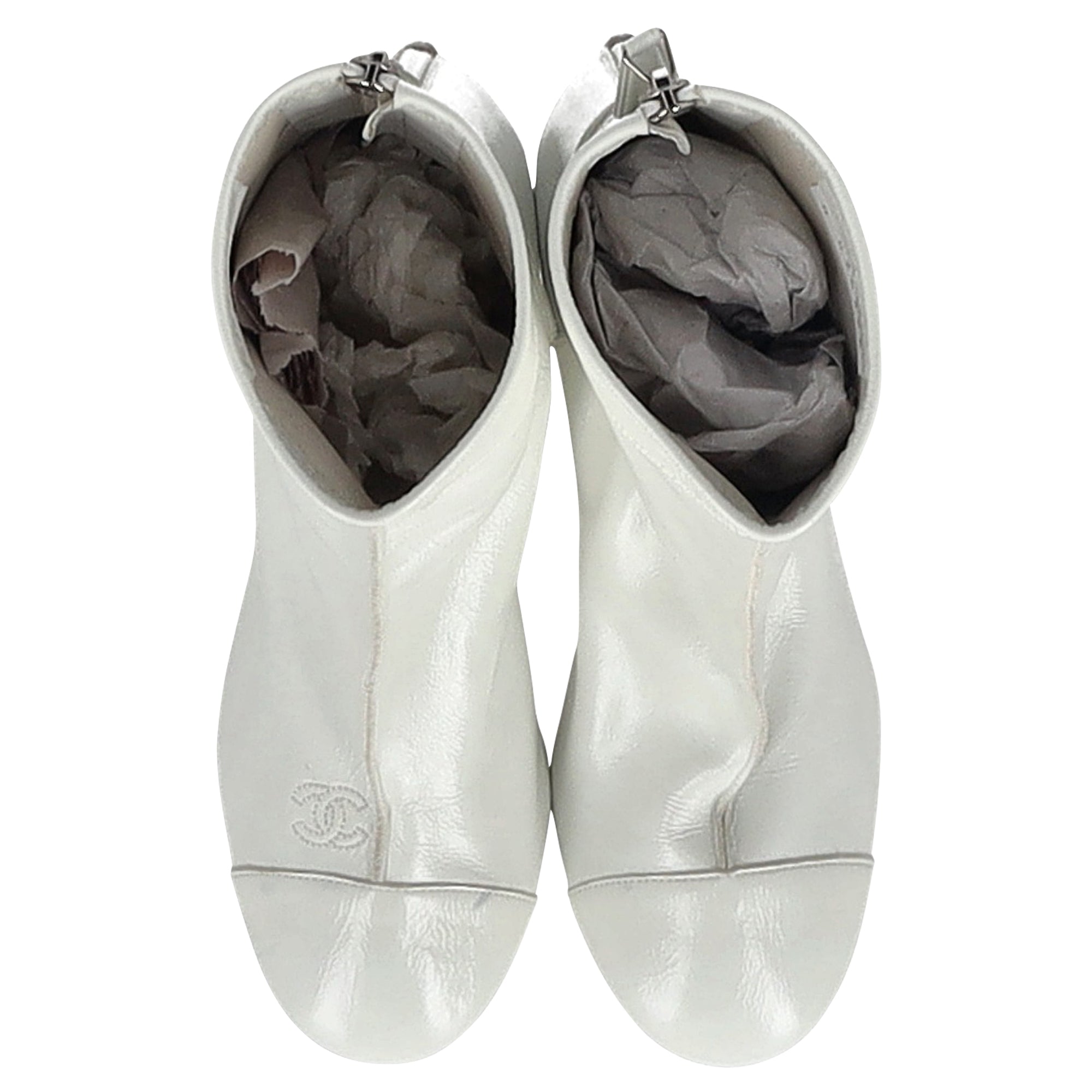 Chanel CC Low Heel Ankle Boots in White Leather