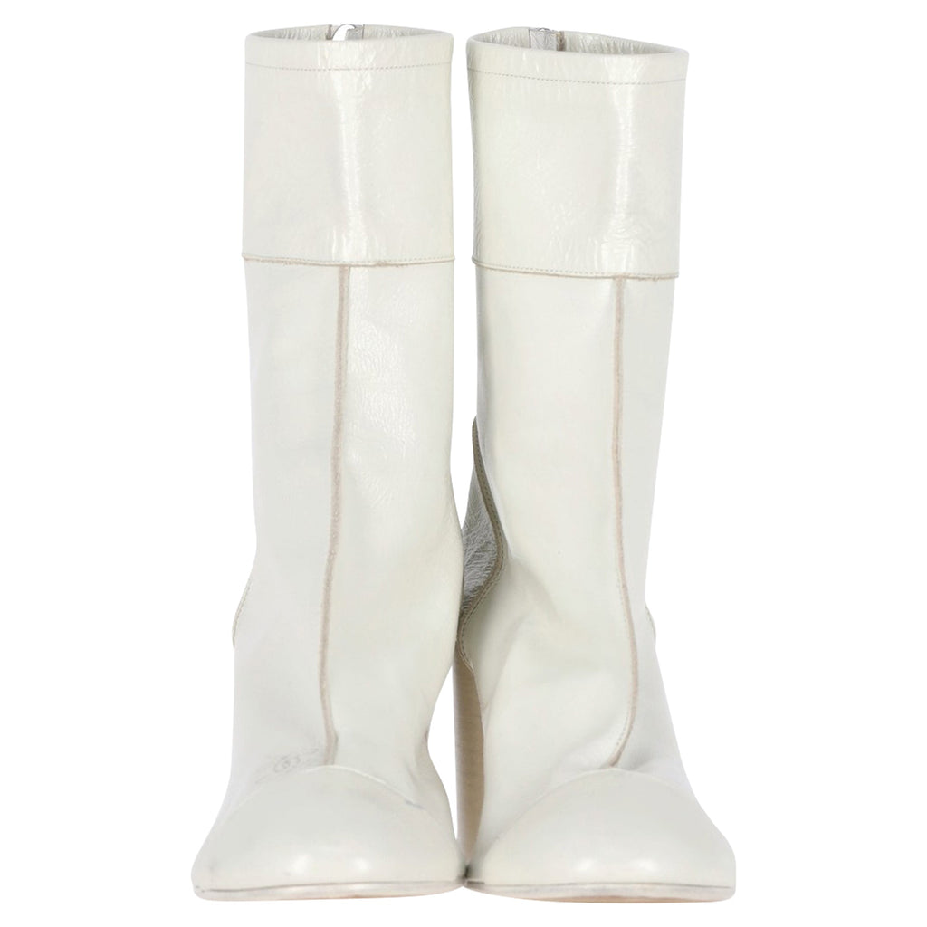 Chanel CC Low Heel Ankle Boots in White Leather
