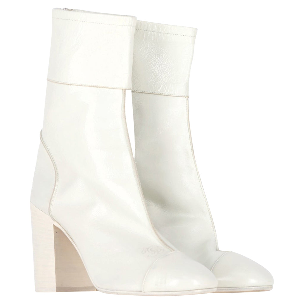 Chanel CC Low Heel Ankle Boots in White Leather