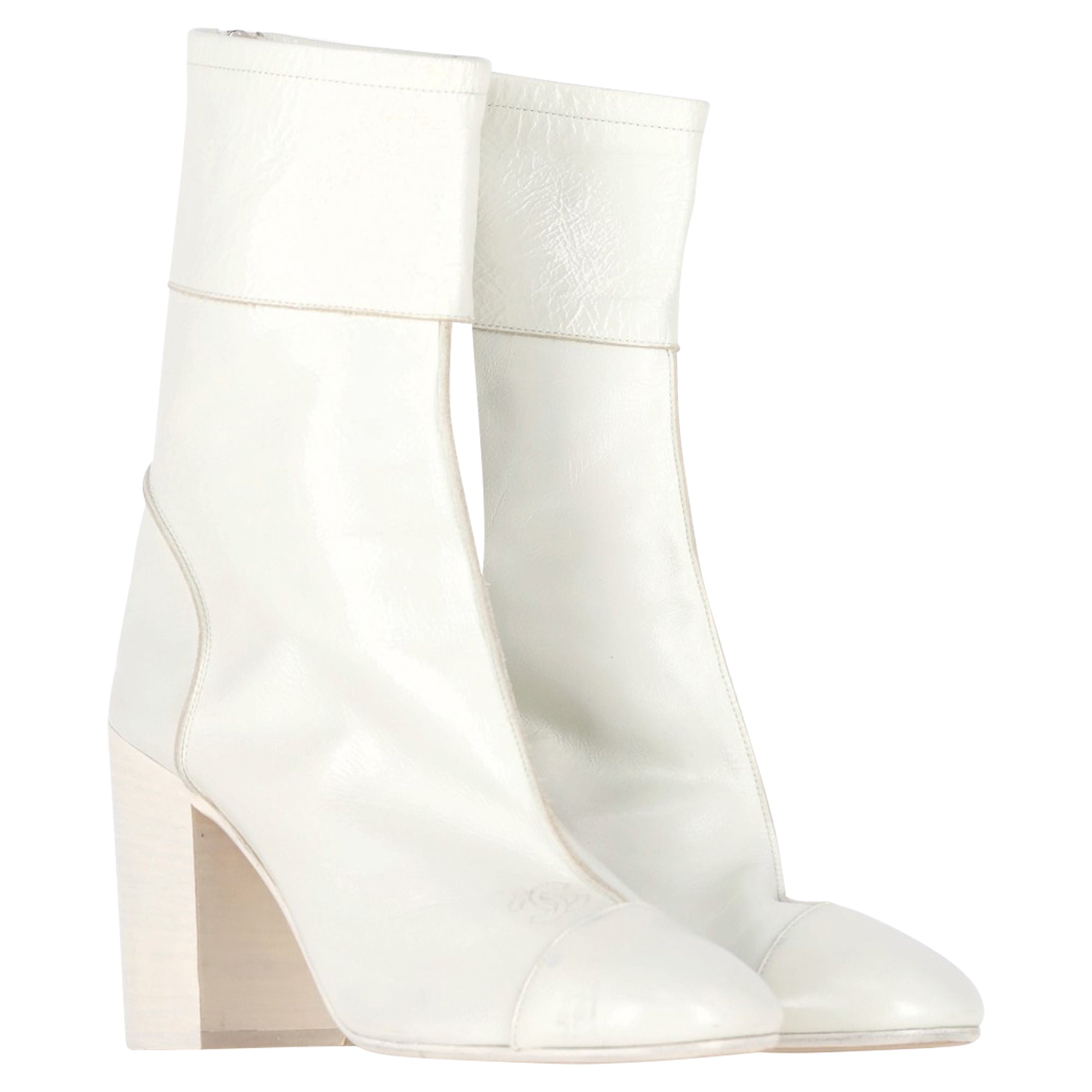 Chanel CC Low Heel Ankle Boots in White Leather