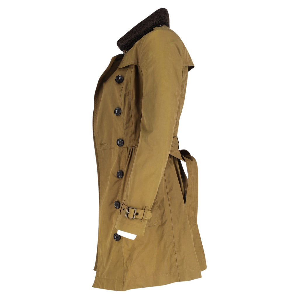 Burberry Brit Long Shearling Collar Trench Coat in Olive Cotton