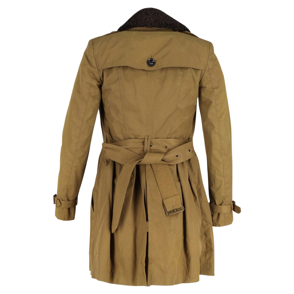 Burberry Brit Long Shearling Collar Trench Coat in Olive Cotton
