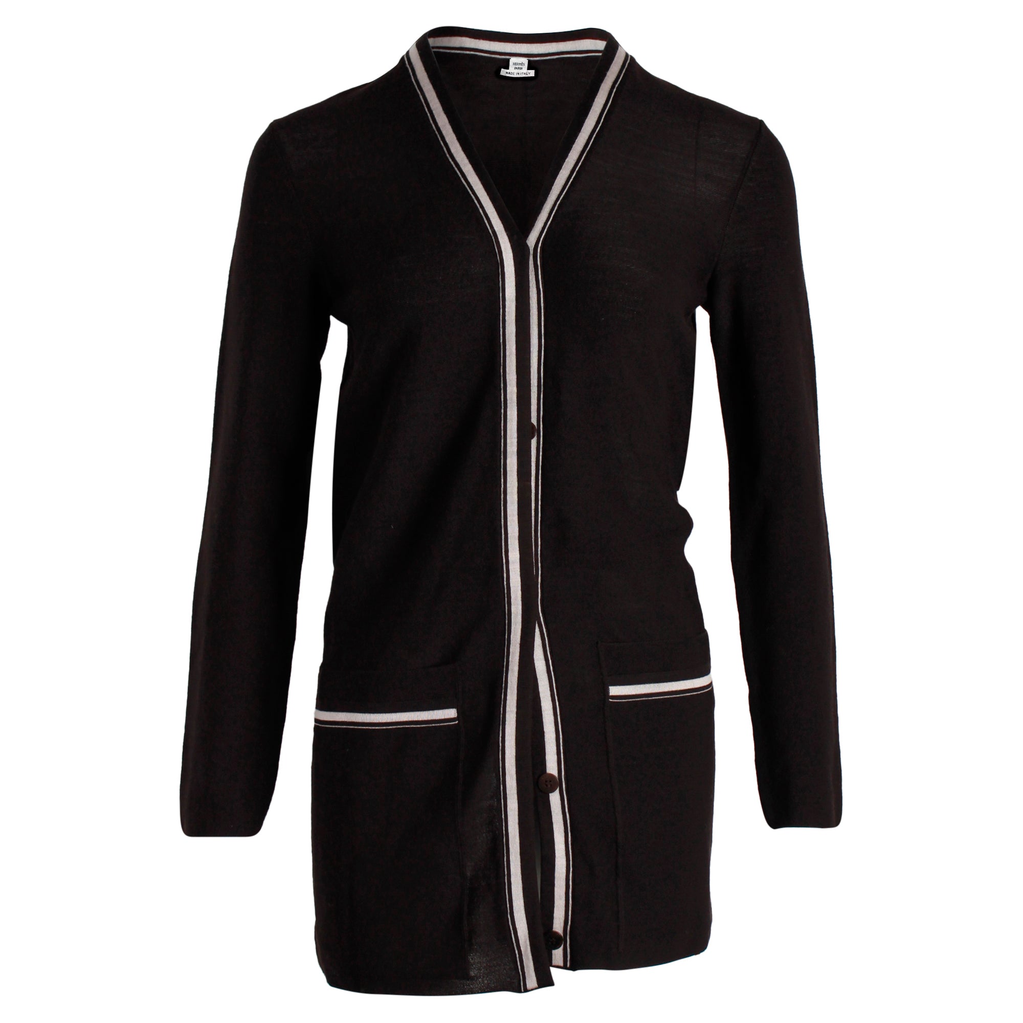 Hermes Contrast Buttoned igan in Dark Brown Virgin Wool