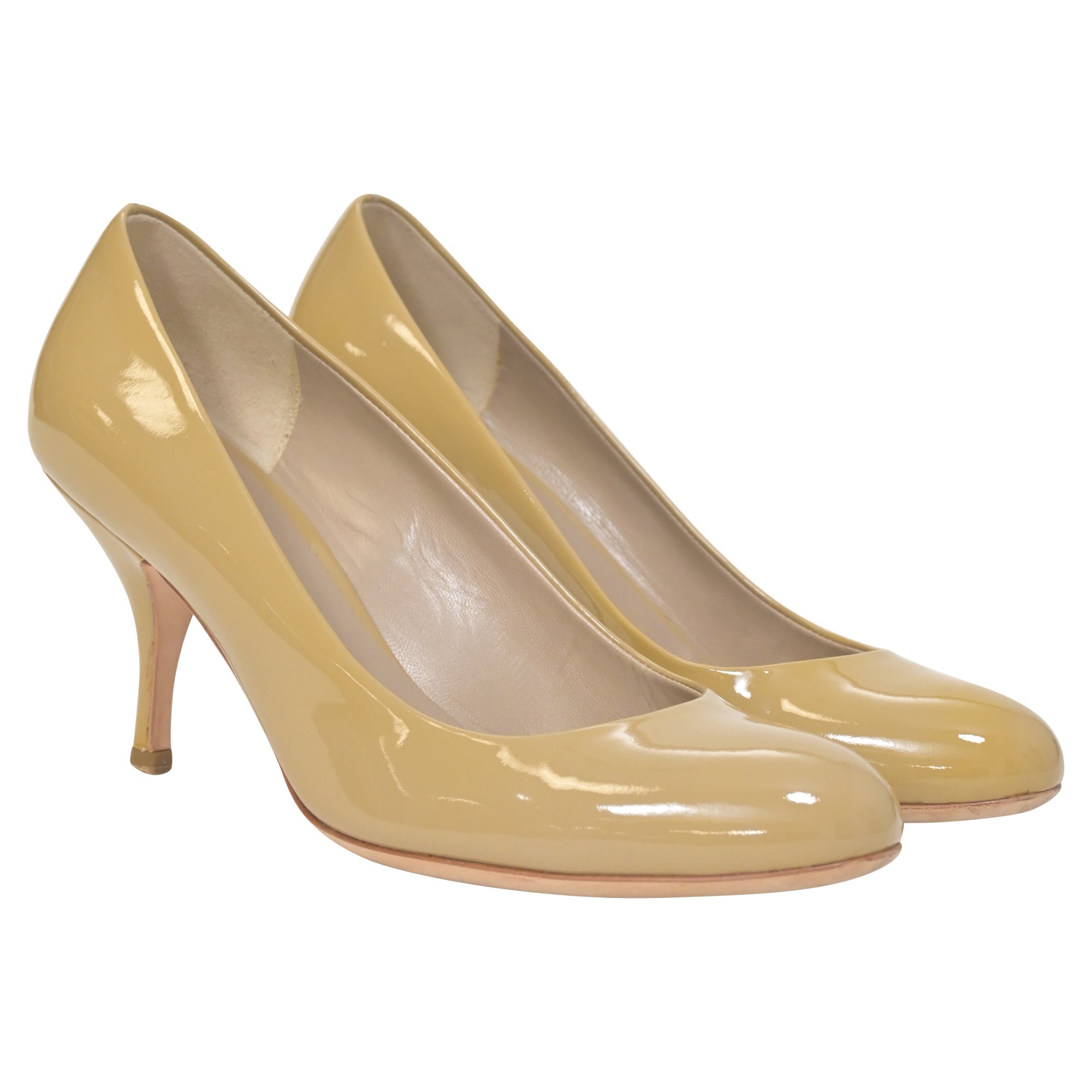 Miu Miu Mid-Heel Pumps in Beige Patent Leather