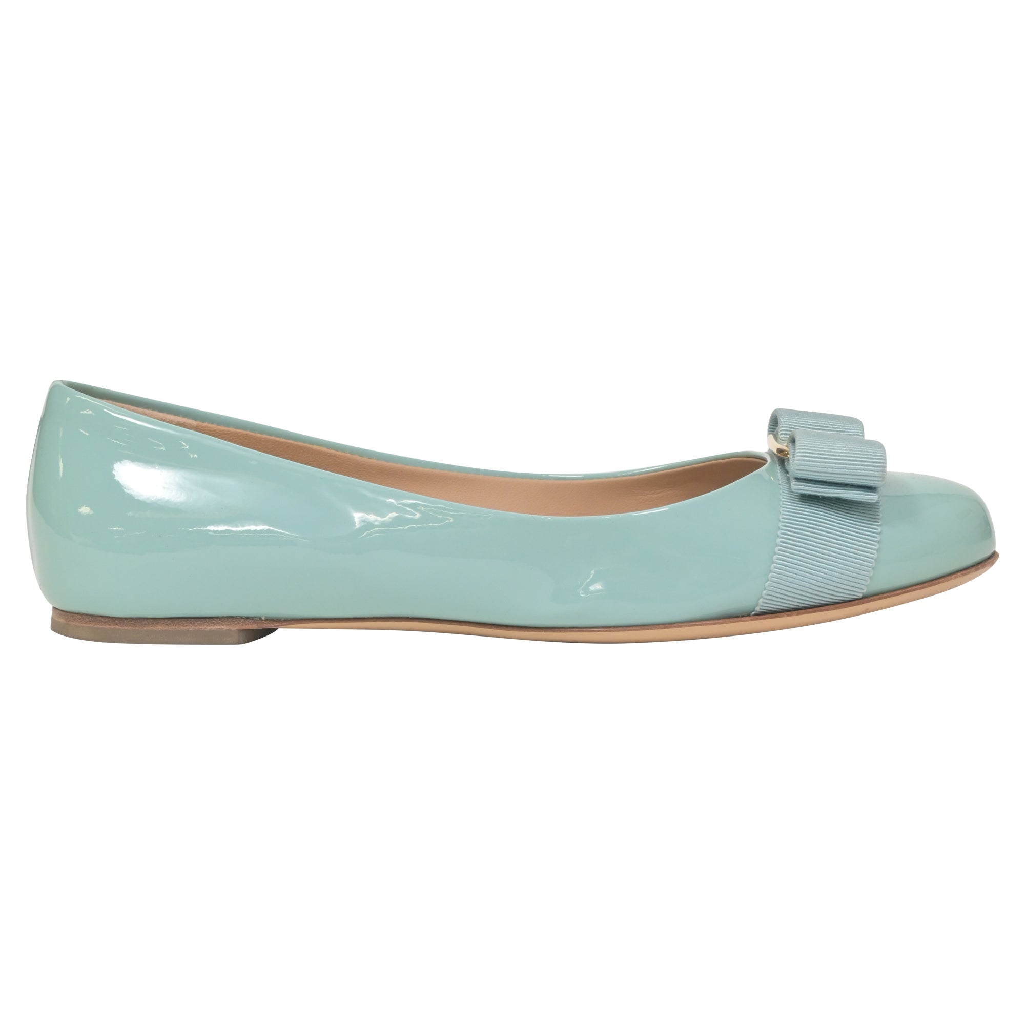 Salvatore Ferragamo Varina Bow Ballet in Light Blue Patent Leather