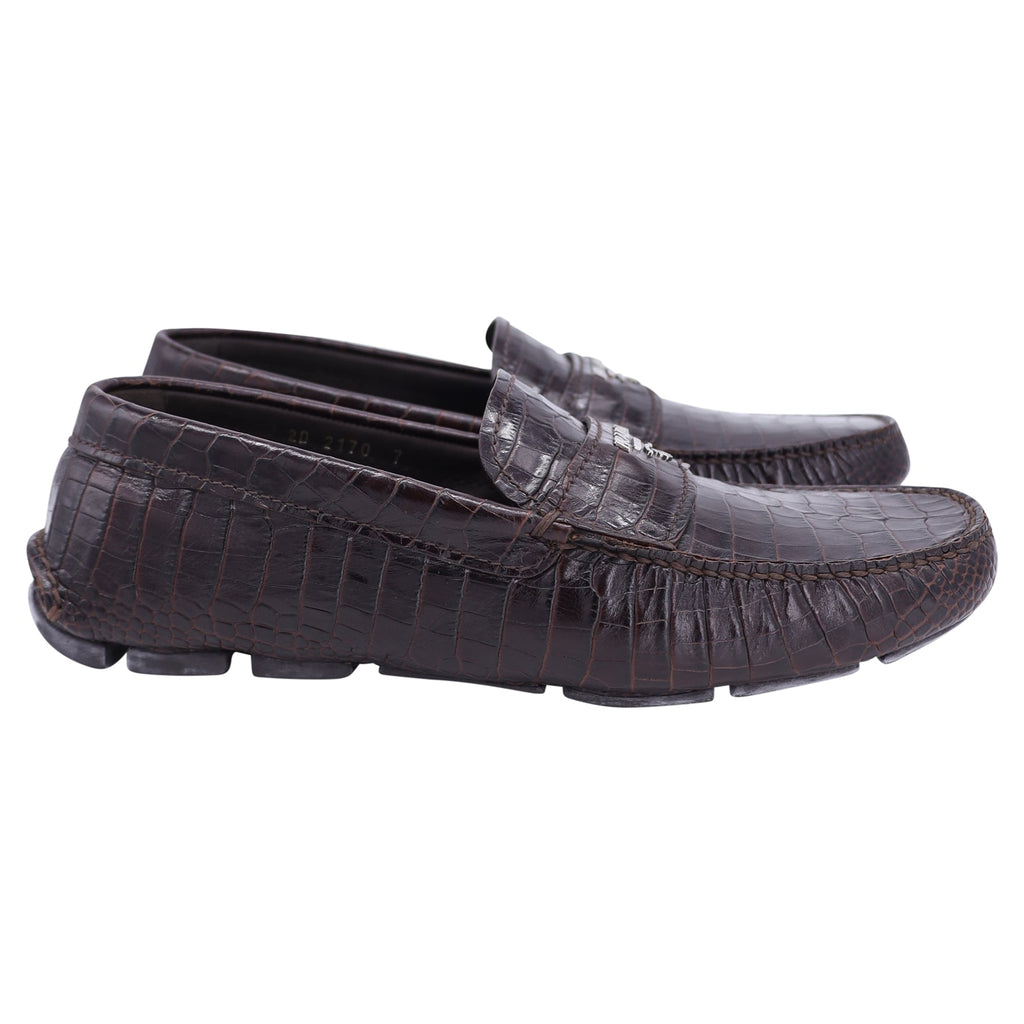Prada Crocodile Embossed Loafers in Brown Leather