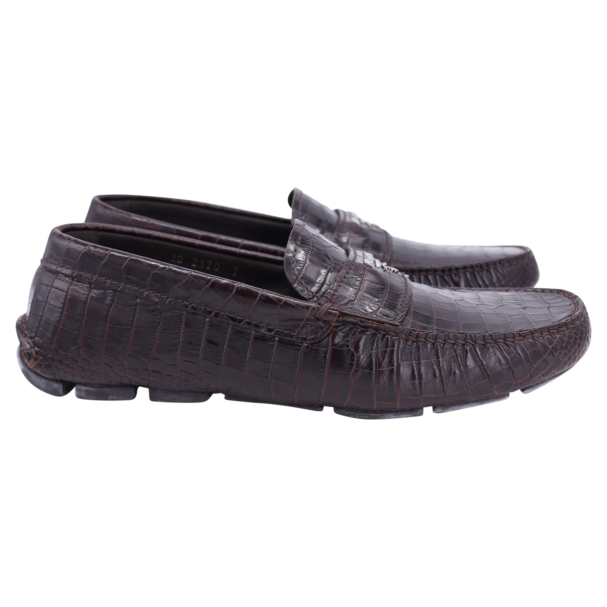 Prada Crocodile Embossed Loafers in Brown Leather