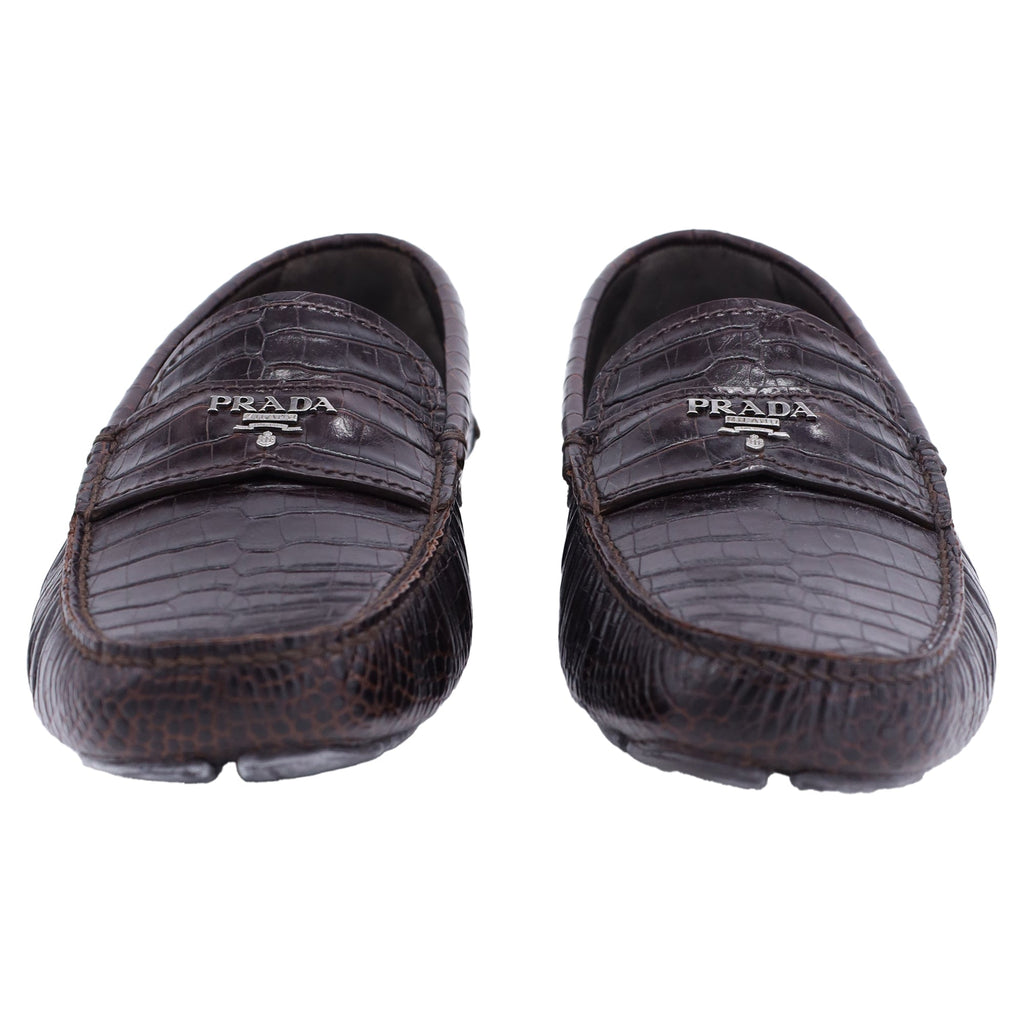 Prada Crocodile Embossed Loafers in Brown Leather