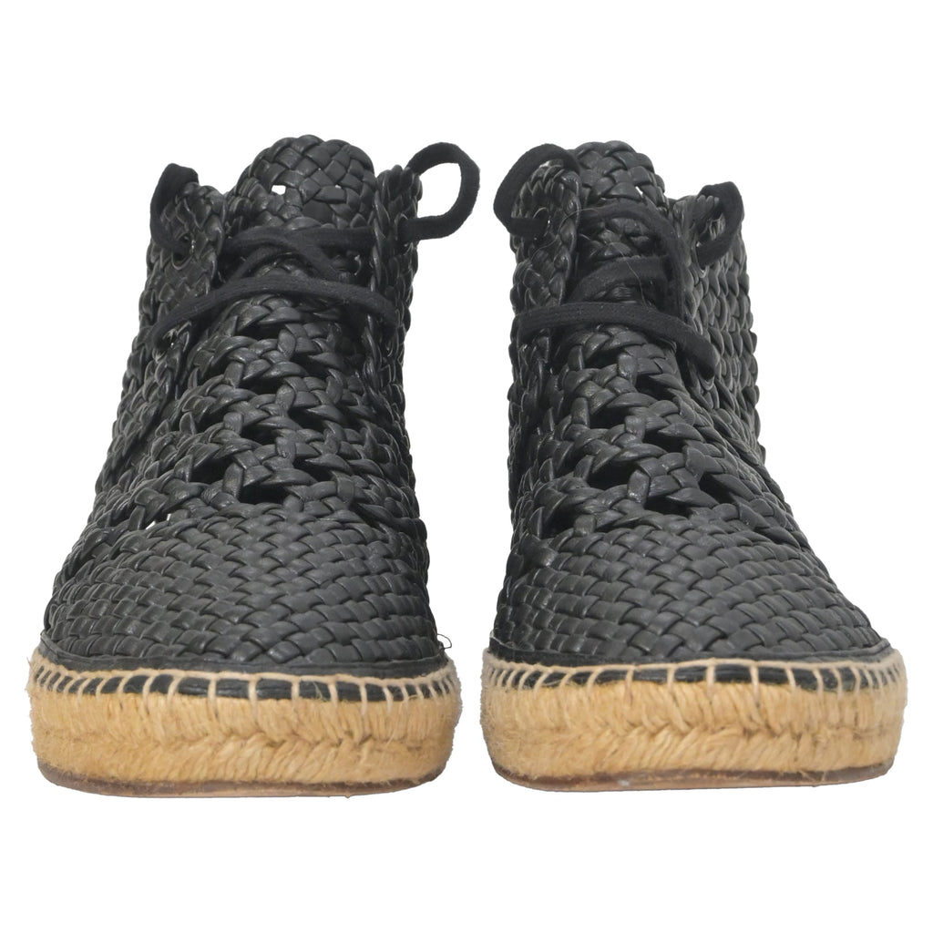 Celine Black Woven Espadrille Lace-Up Boots in Black Leather