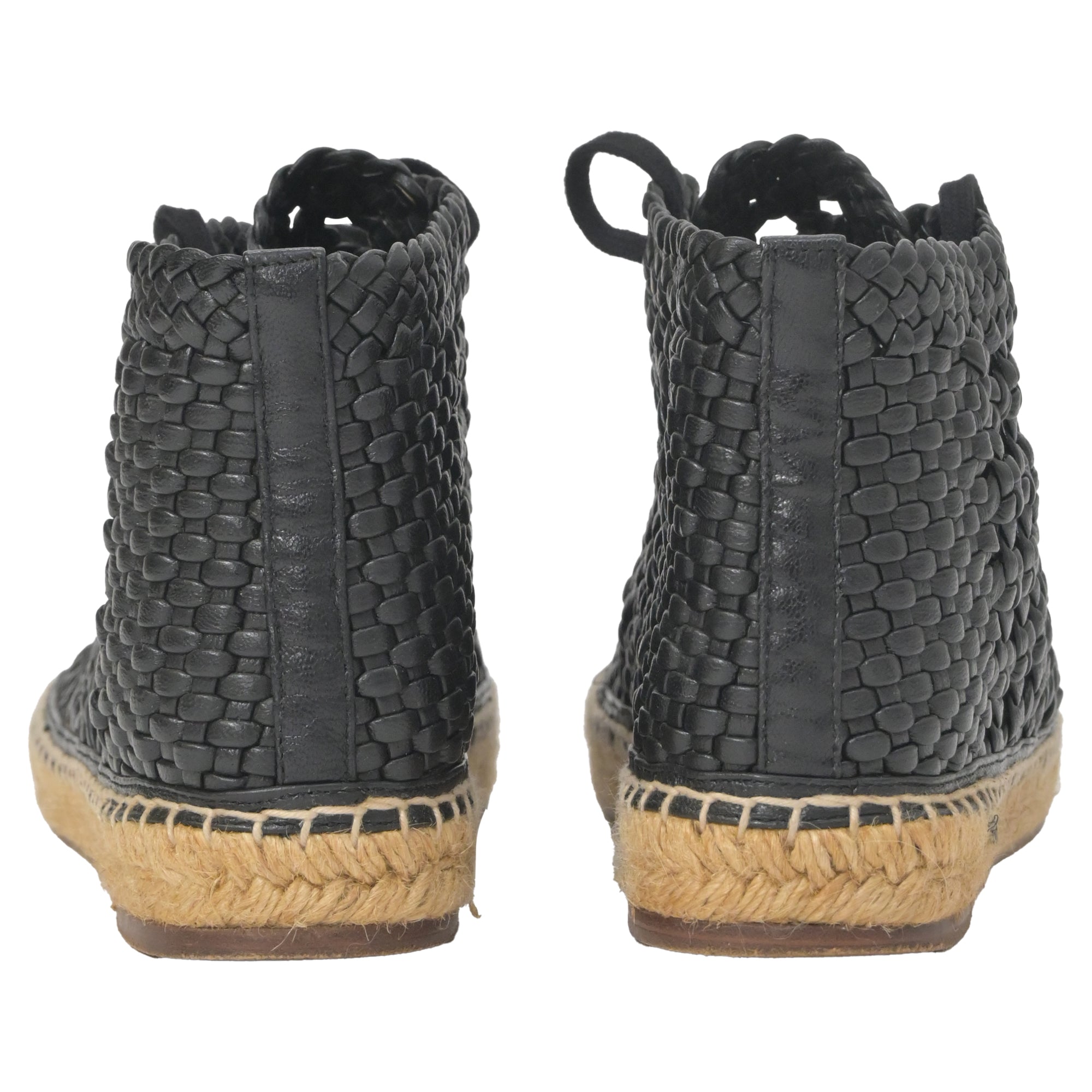 Celine Black Woven Espadrille Lace-Up Boots in Black Leather