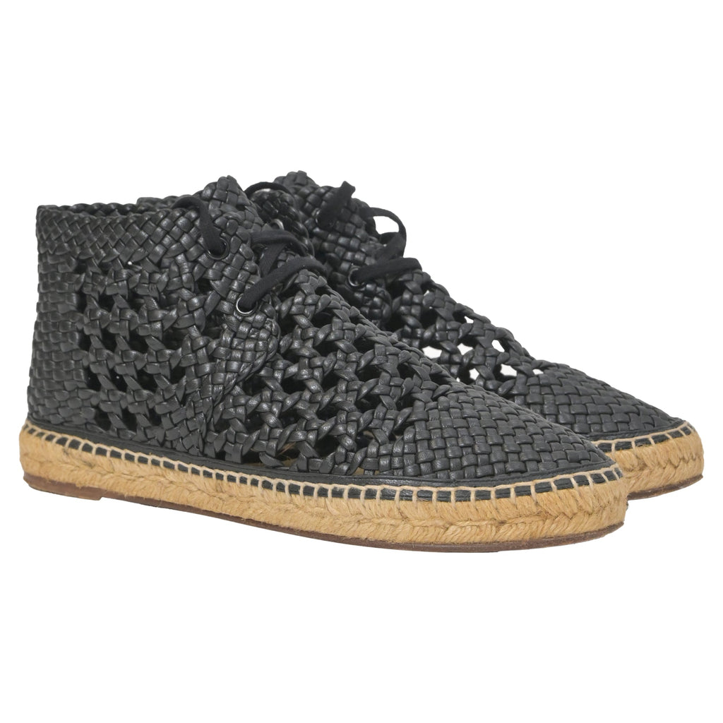 Celine Black Woven Espadrille Lace-Up Boots in Black Leather