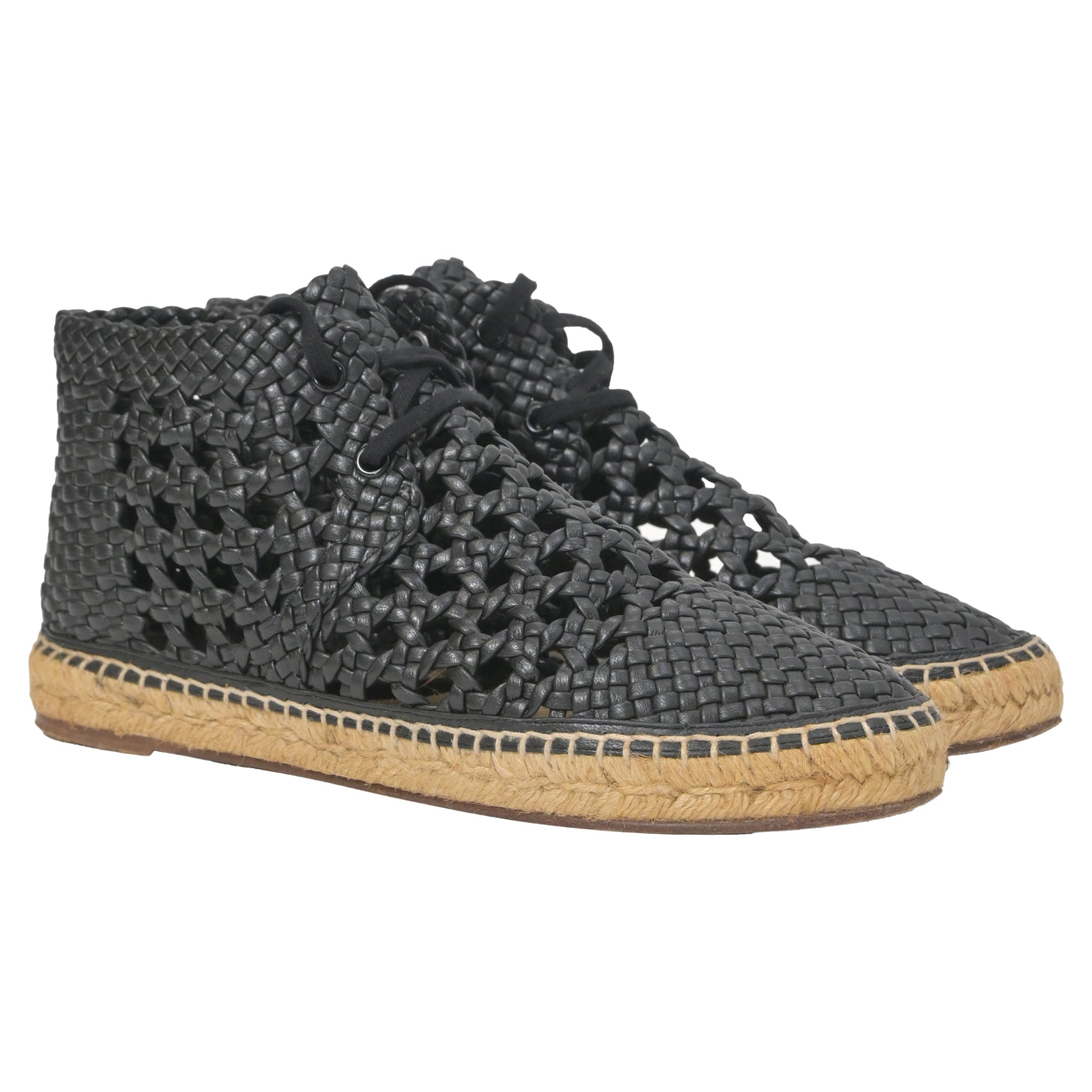 Celine Black Woven Espadrille Lace-Up Boots in Black Leather