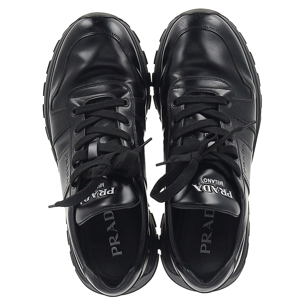 Prada Prax 01 Lace-Up Low-Top Sneakers in Black Calfskin Leather