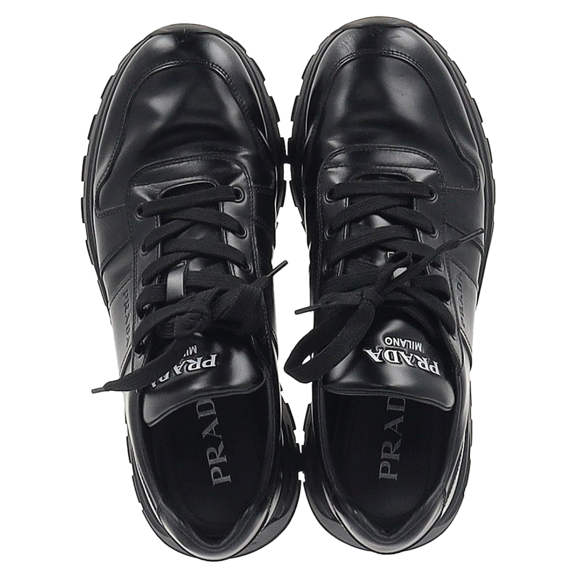 Prada Prax 01 Lace-Up Low-Top Sneakers in Black Calfskin Leather