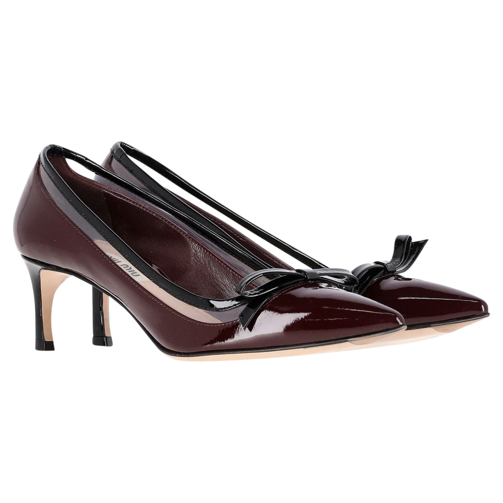 Miu Miu Bow Detail Pumps in Brown Patent Leather