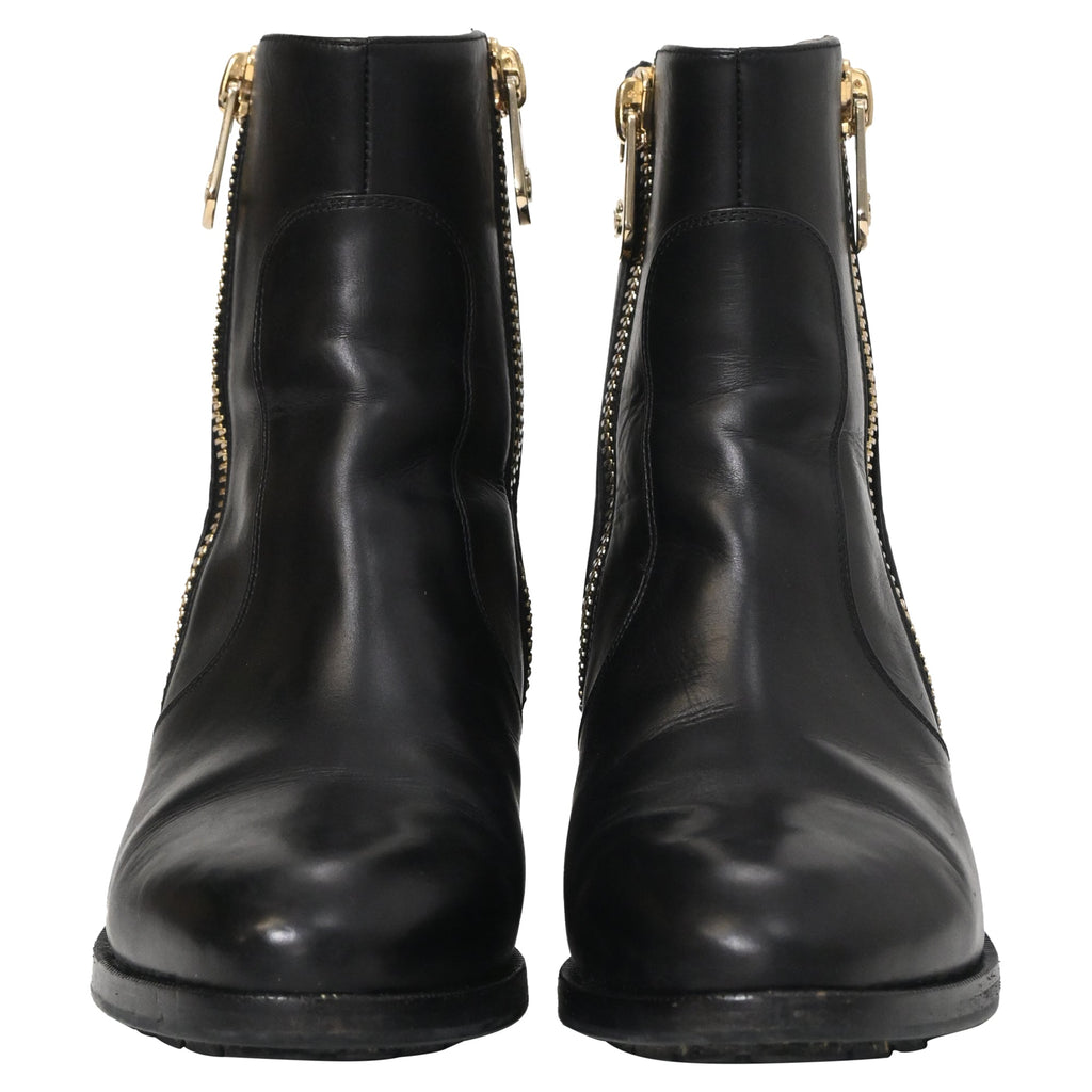 Chanel CC Logo Double-Zipped Block Heel Ankle Boots in Black Leather