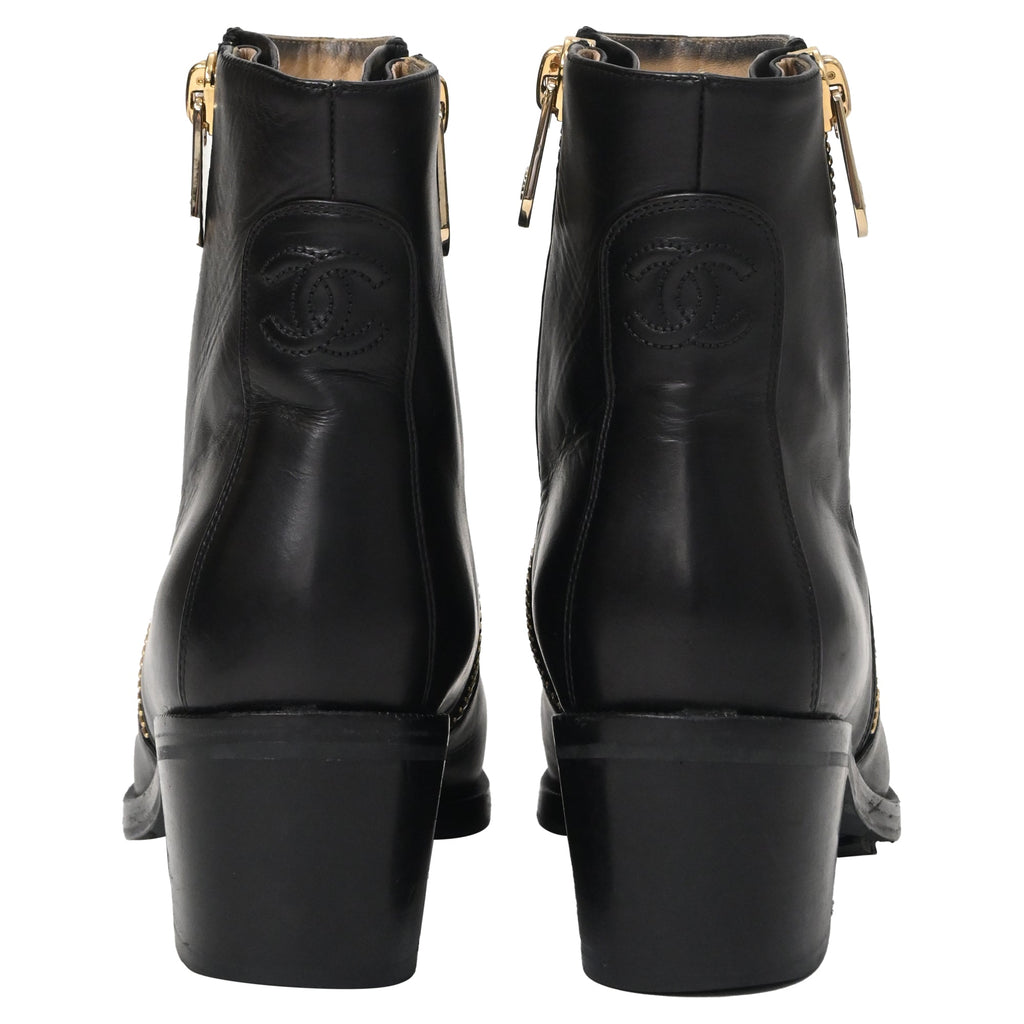 Chanel CC Logo Double-Zipped Block Heel Ankle Boots in Black Leather